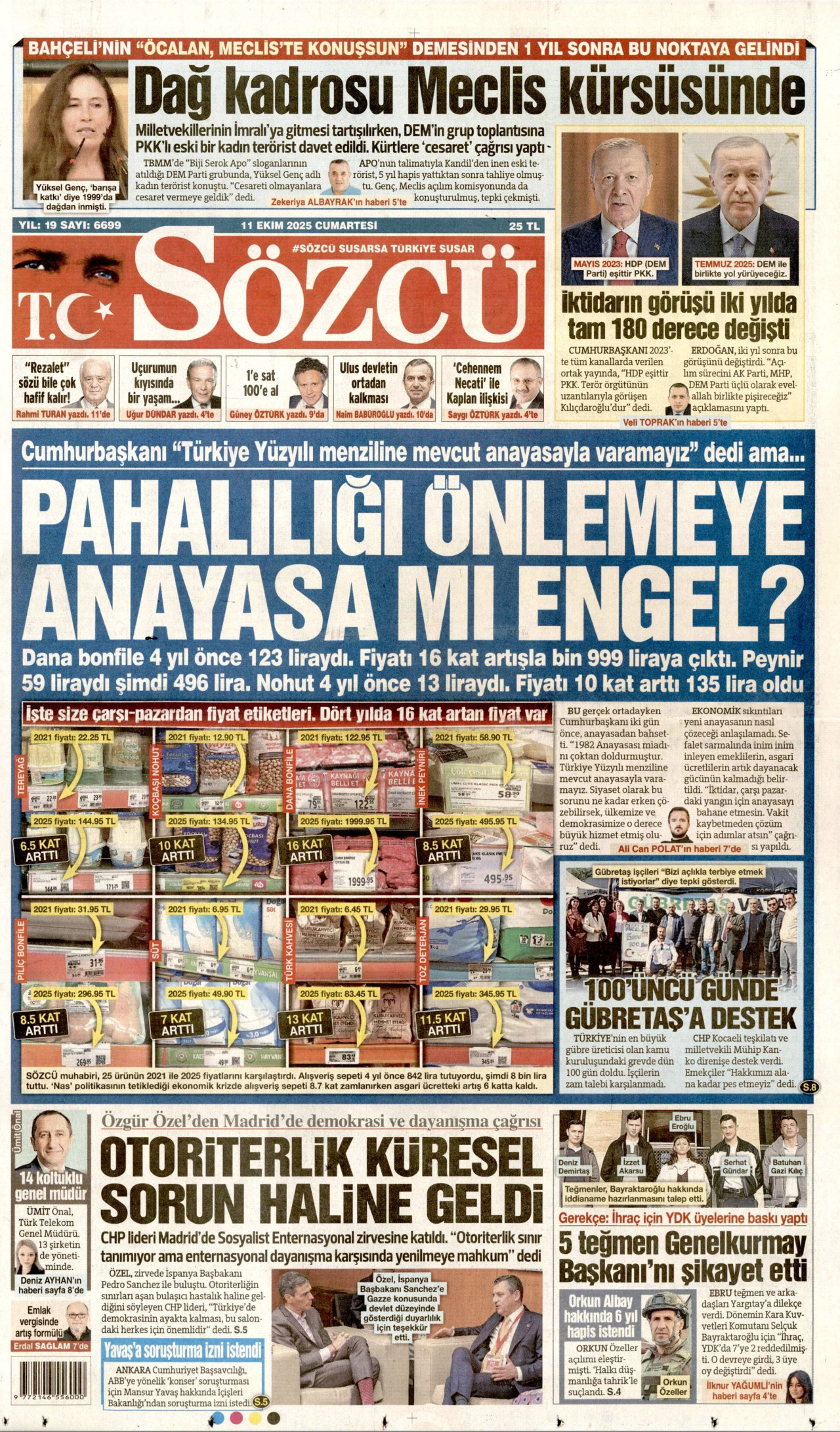 SÖZCÜ gazetesinin 11 Ekim 2025 tarihli birinci sayfası