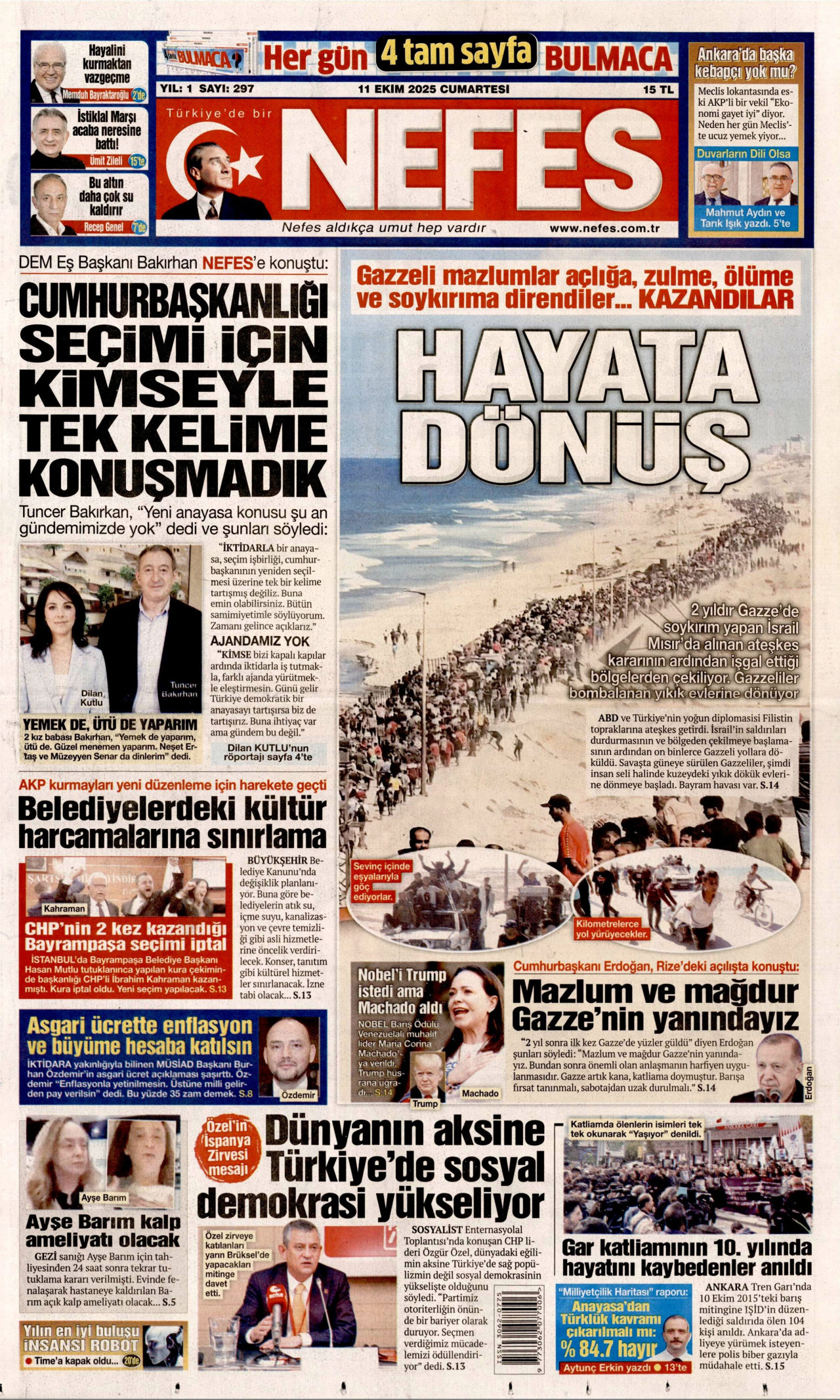 NEFES gazetesinin 11 Ekim 2025 tarihli birinci sayfası