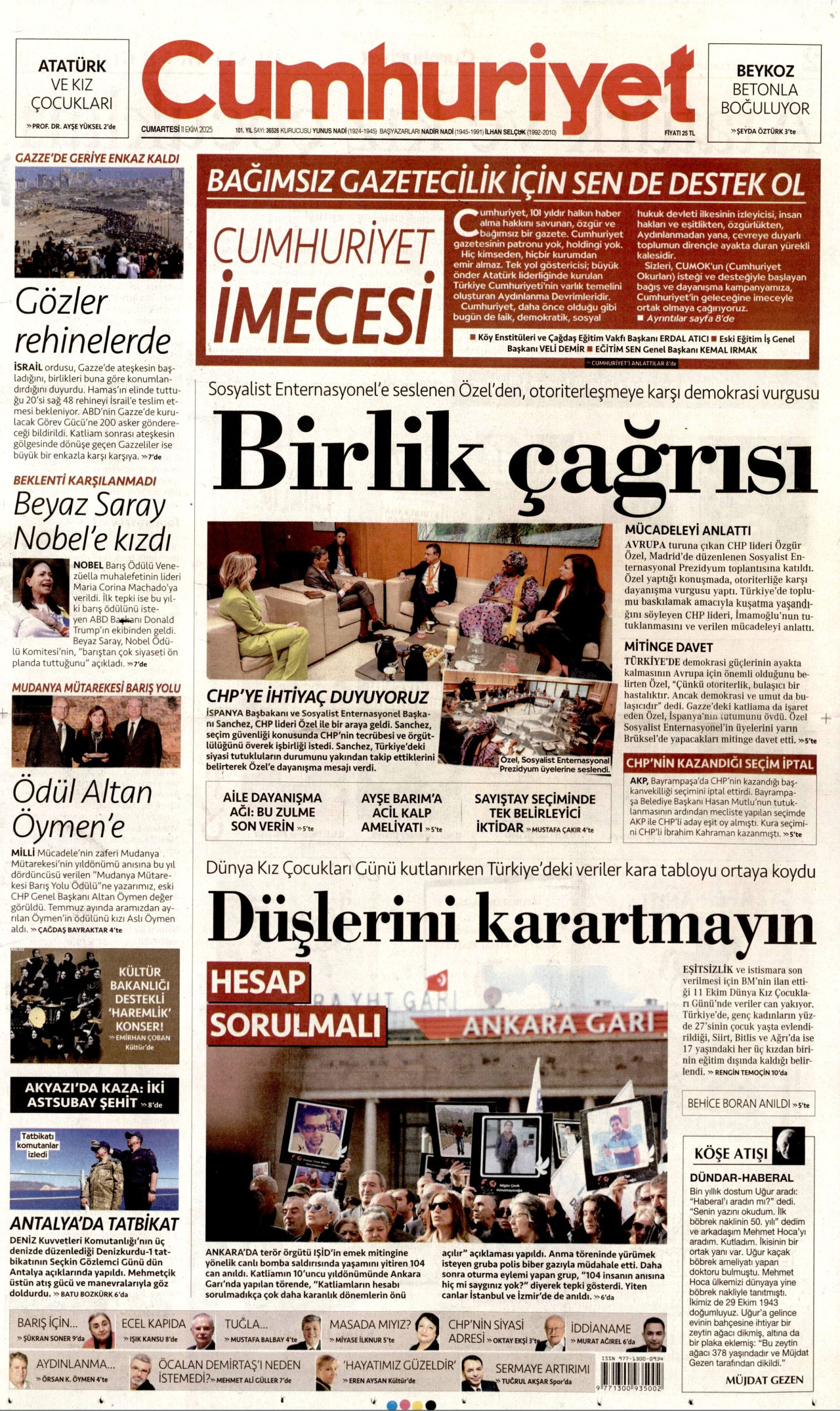 CUMHURİYET gazetesinin 11 Ekim 2025 tarihli birinci sayfası