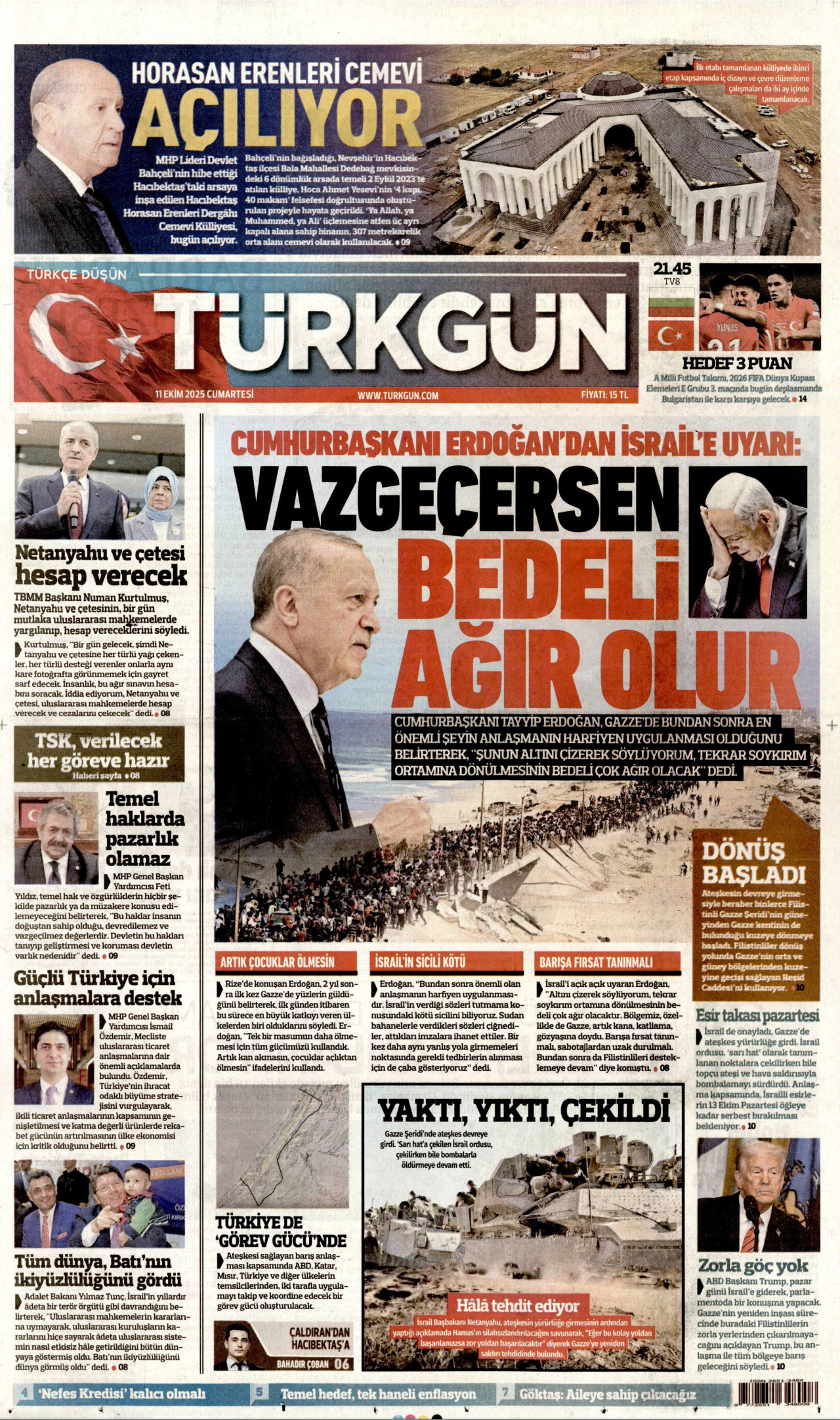 TÜRKGÜN gazetesinin 11 Ekim 2025 tarihli birinci sayfası