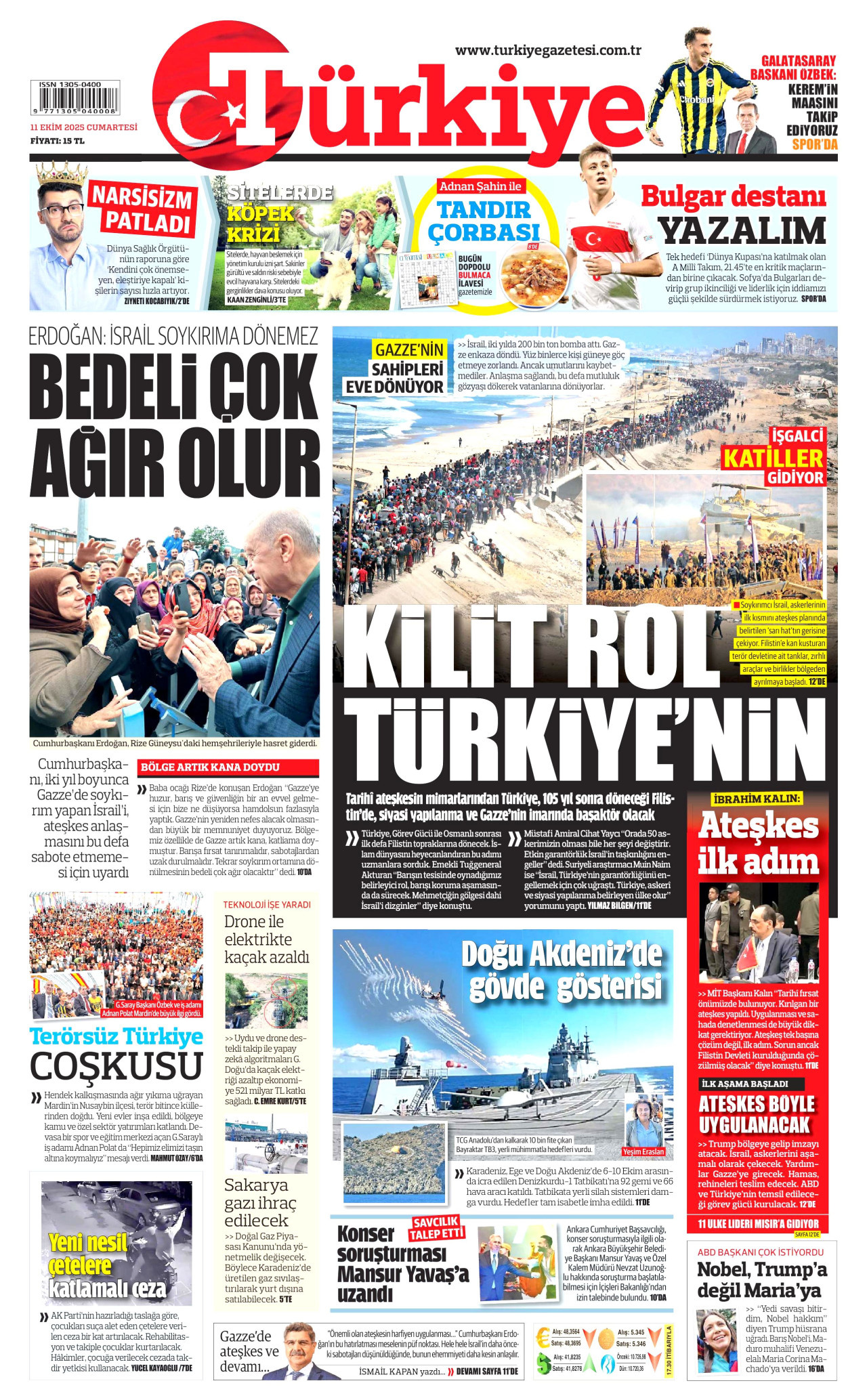TÜRKİYE GAZETESİ gazetesinin 11 Ekim 2025 tarihli birinci sayfası