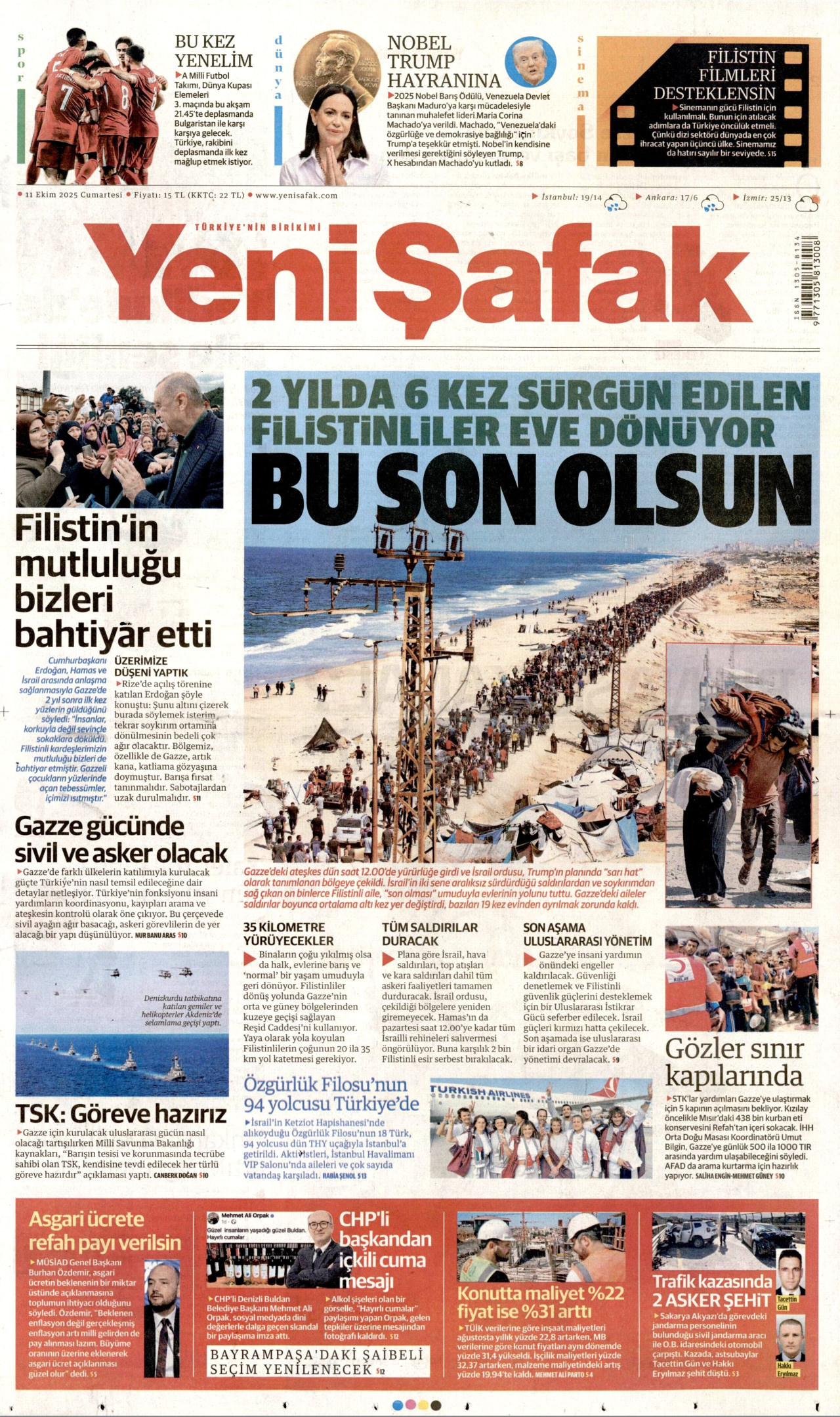 YENİ ŞAFAK gazetesinin 11 Ekim 2025 tarihli birinci sayfası