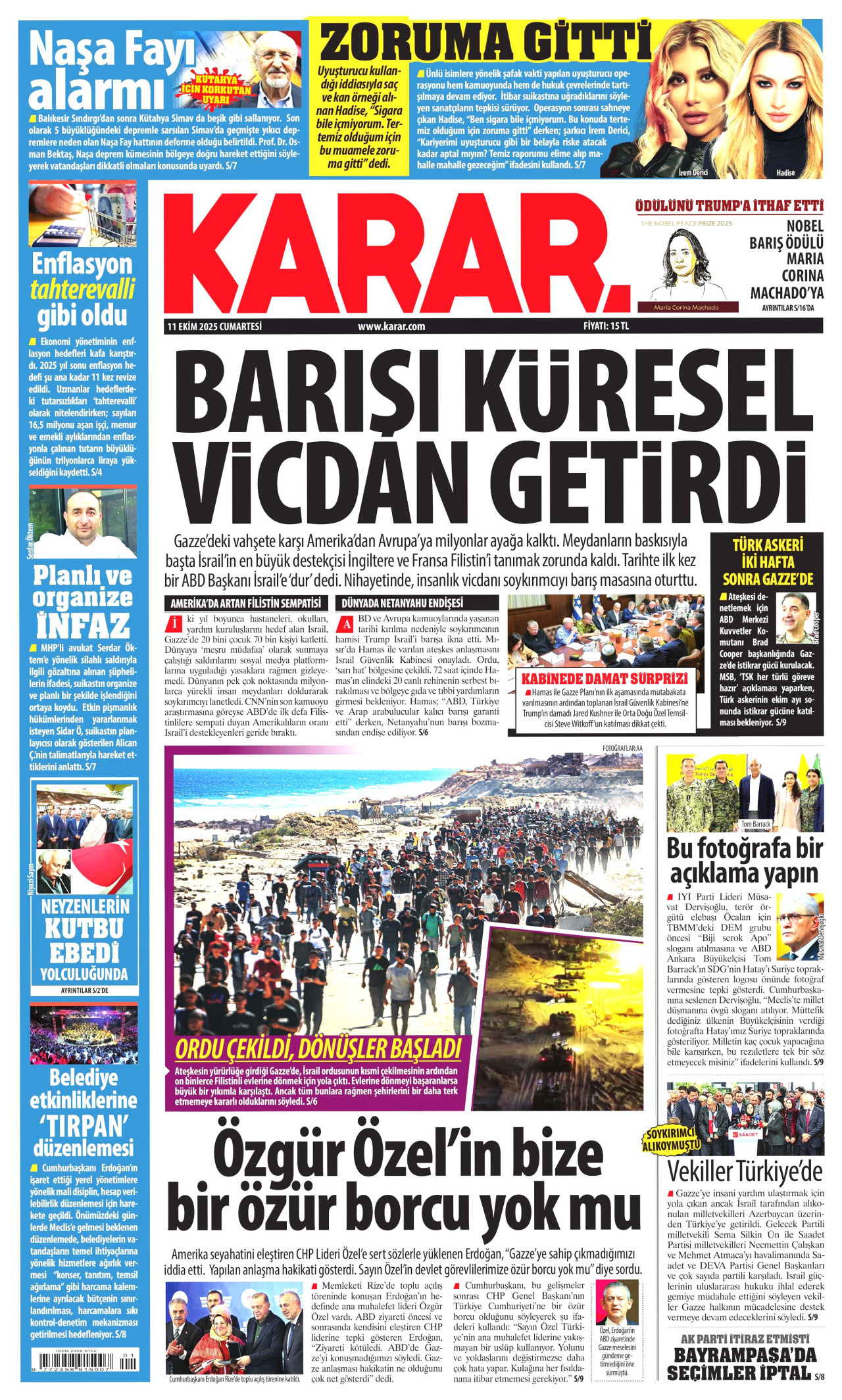 KARAR gazetesinin 11 Ekim 2025 tarihli birinci sayfası