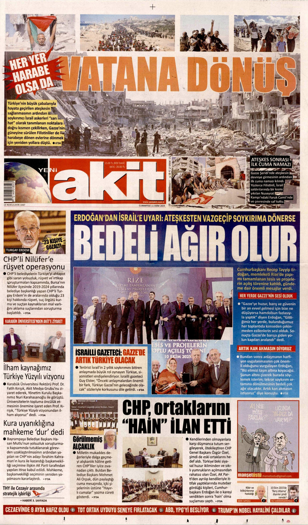 YENİ AKİT gazetesinin 11 Ekim 2025 tarihli birinci sayfası