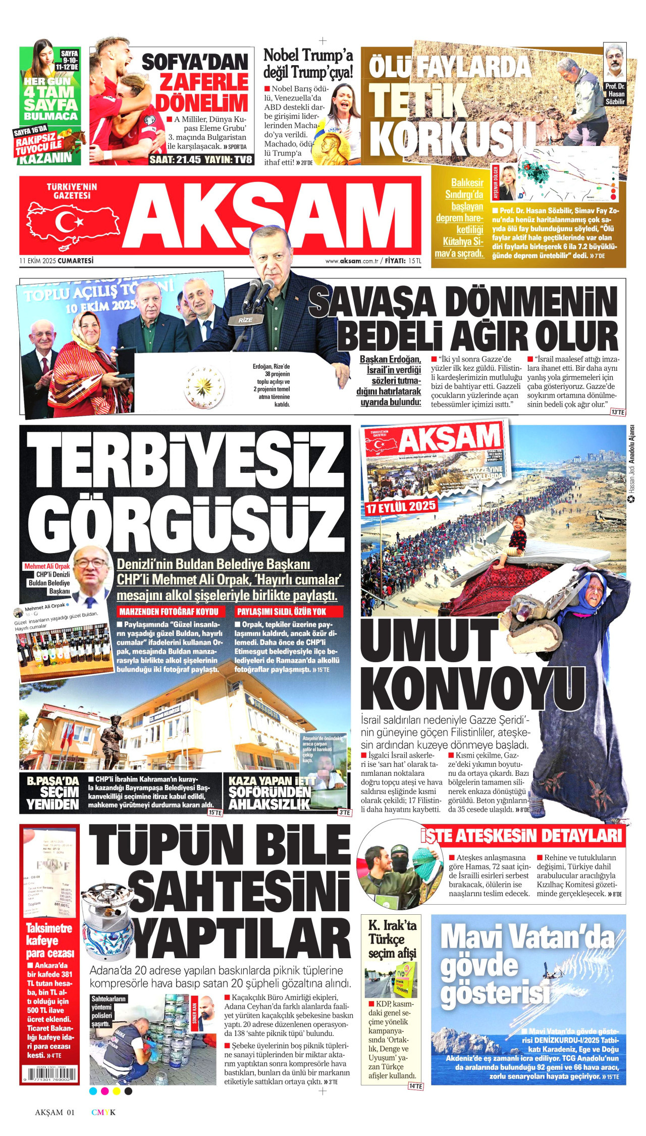 AKŞAM gazetesinin 11 Ekim 2025 tarihli birinci sayfası