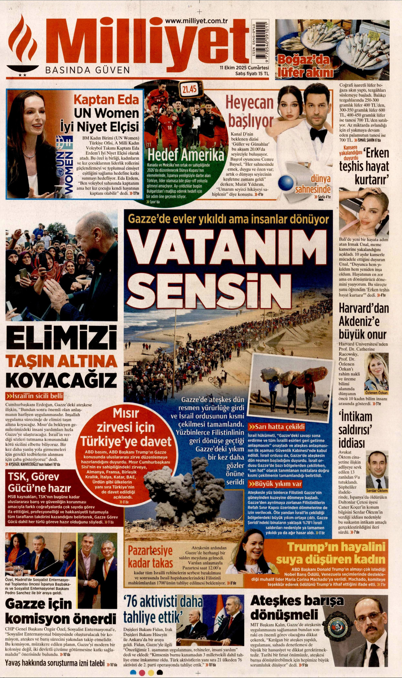 MİLLİYET gazetesinin 11 Ekim 2025 tarihli birinci sayfası