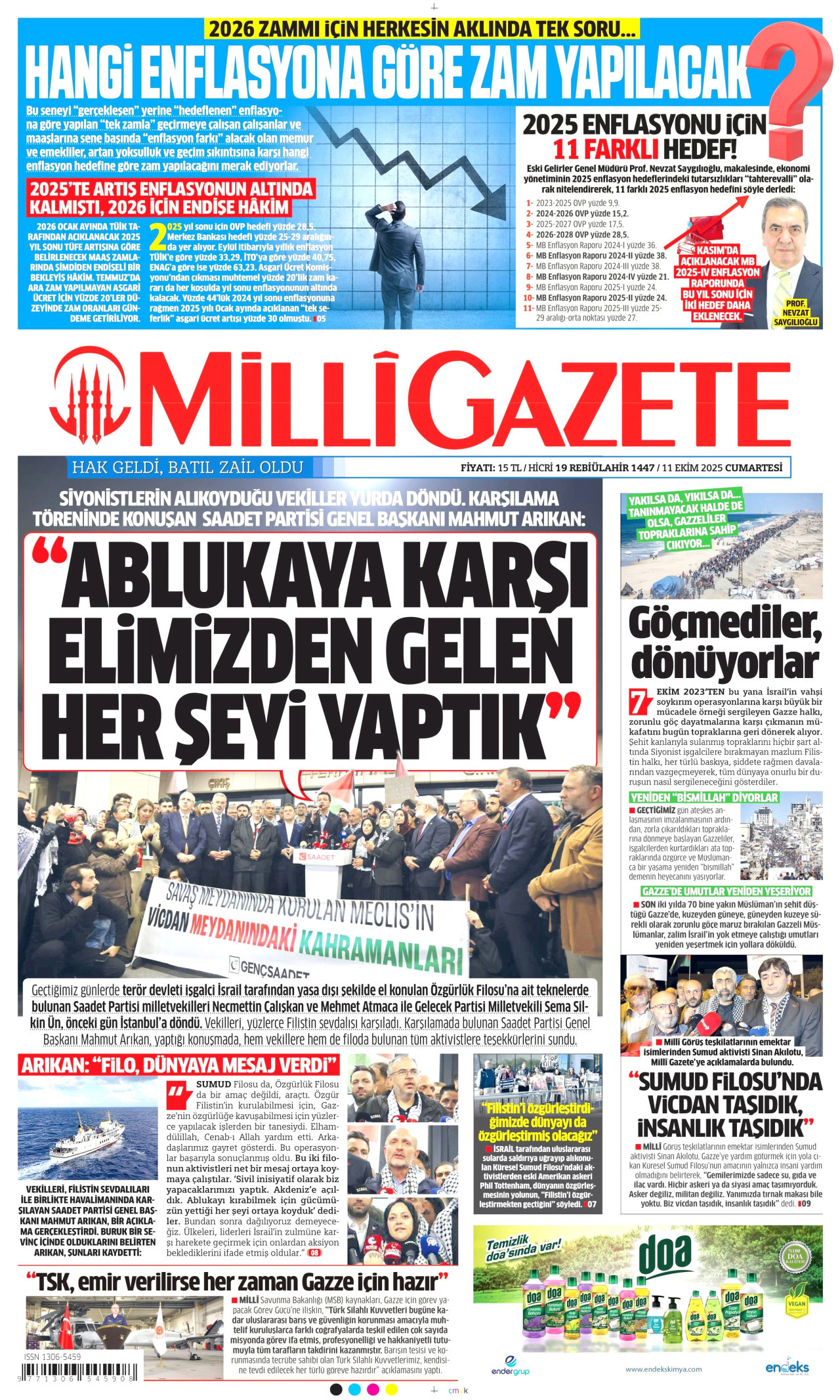 MİLLİ GAZETE gazetesinin 11 Ekim 2025 tarihli birinci sayfası