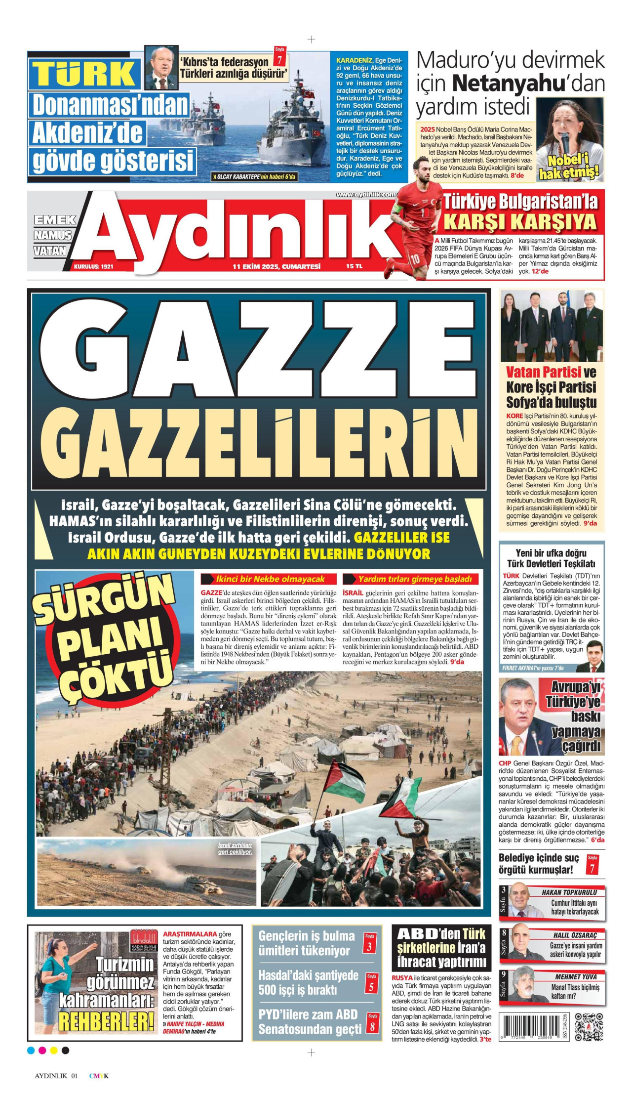 AYDINLIK GAZETESİ gazetesinin 11 Ekim 2025 tarihli birinci sayfası