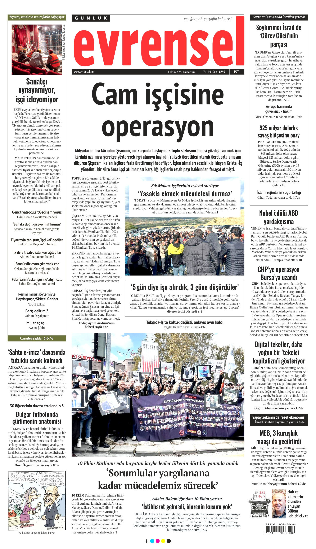 EVRENSEL gazetesinin 11 Ekim 2025 tarihli birinci sayfası