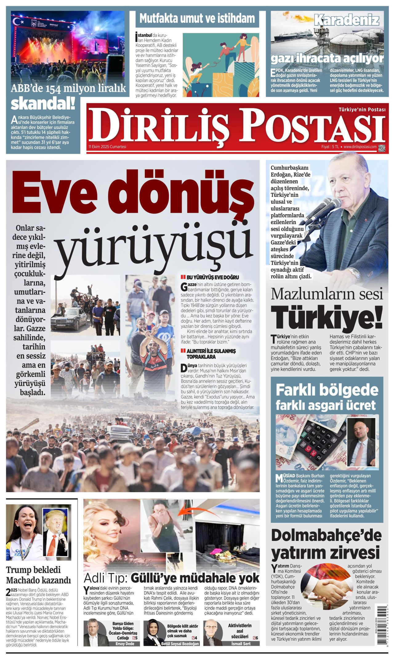 DİRİLİŞ POSTASI gazetesinin 11 Ekim 2025 tarihli birinci sayfası