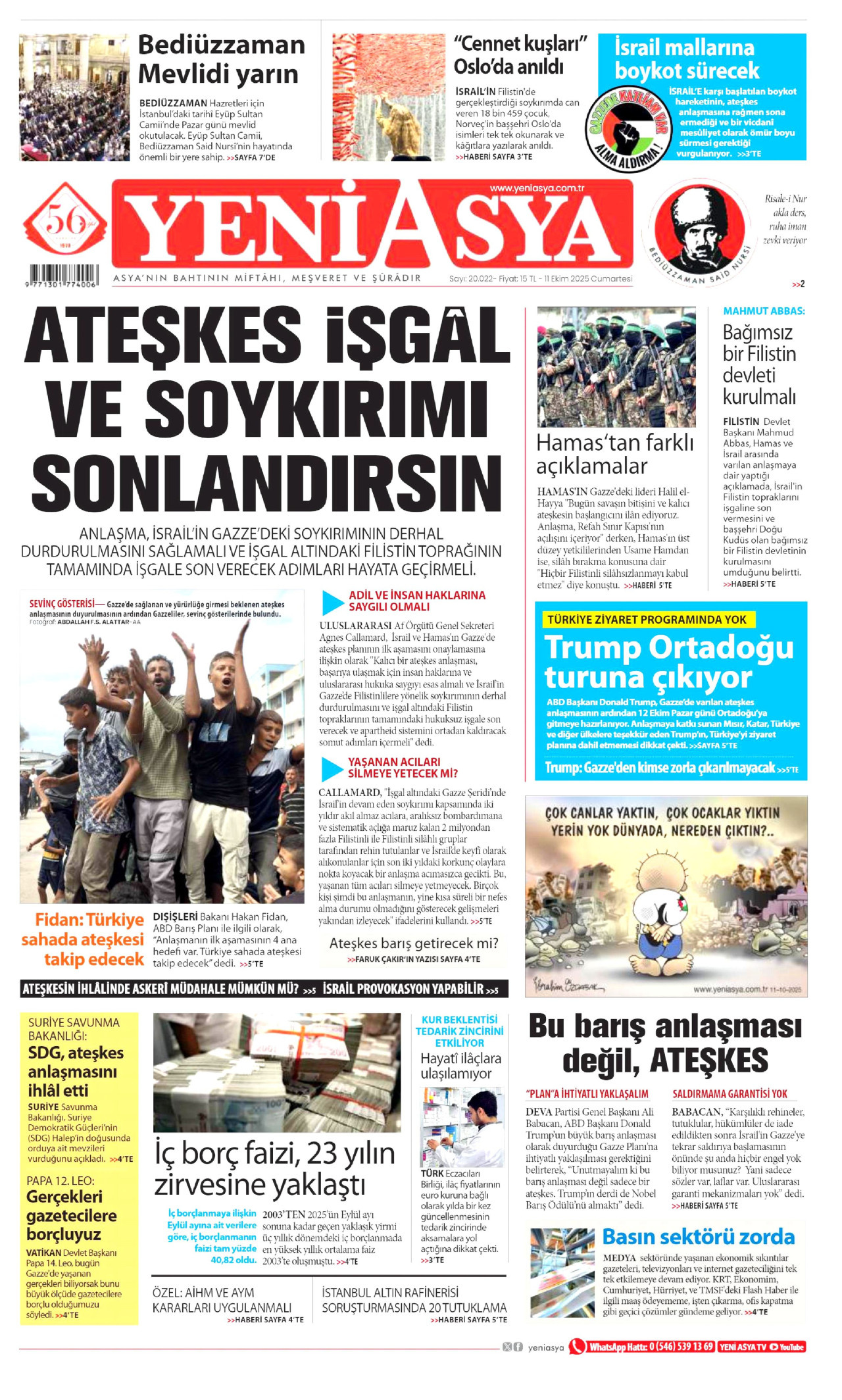 YENİ ASYA gazetesinin 11 Ekim 2025 tarihli birinci sayfası