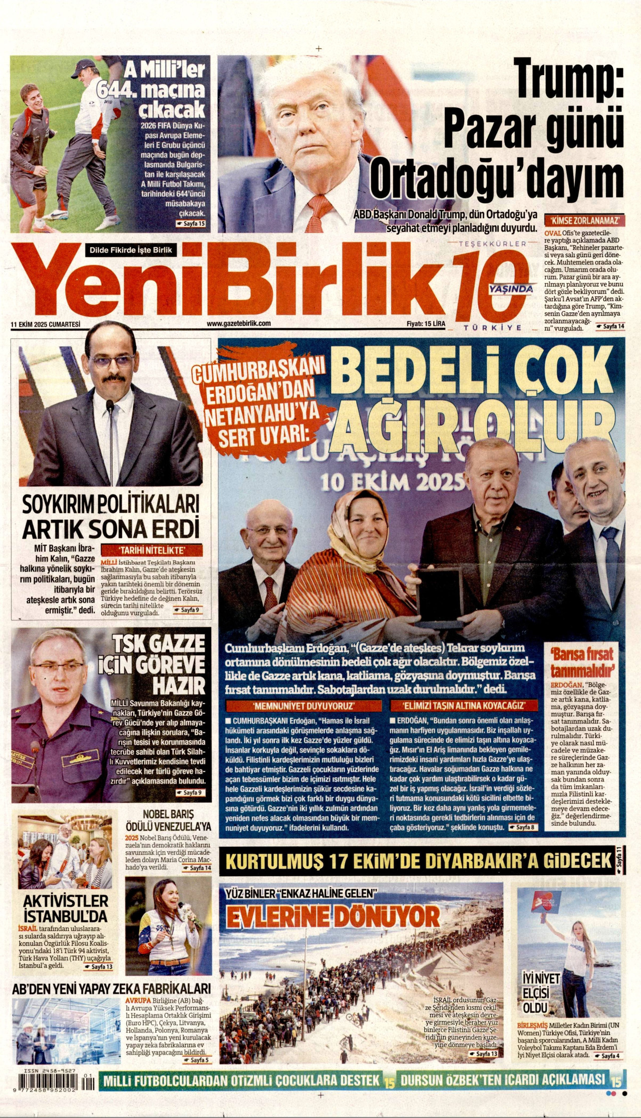 YENİBİRLİK gazetesinin 11 Ekim 2025 tarihli birinci sayfası