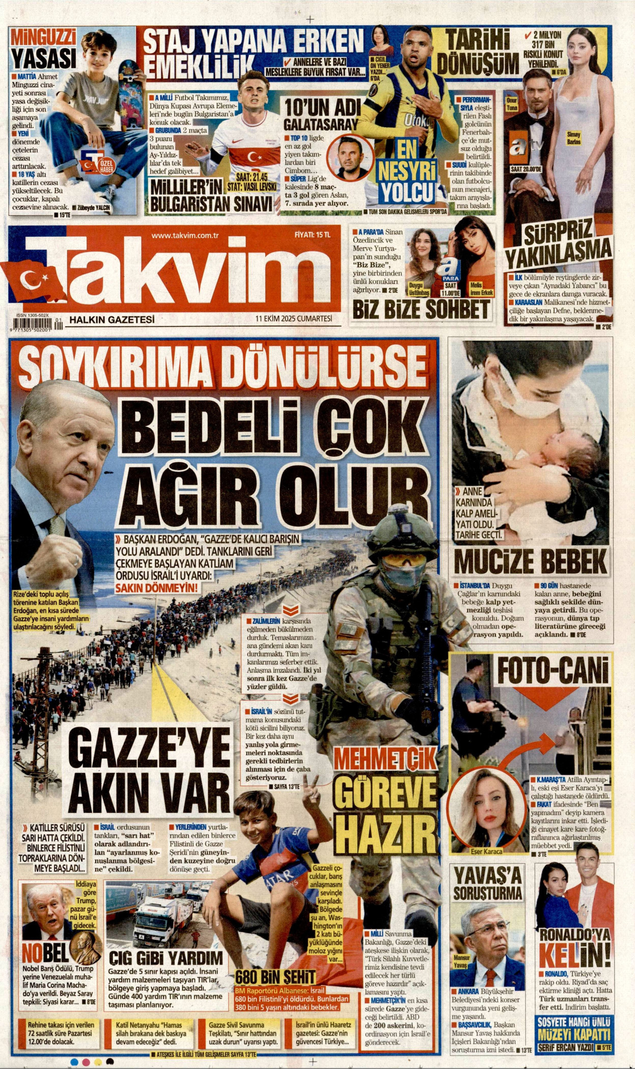 TAKVİM gazetesinin 11 Ekim 2025 tarihli birinci sayfası