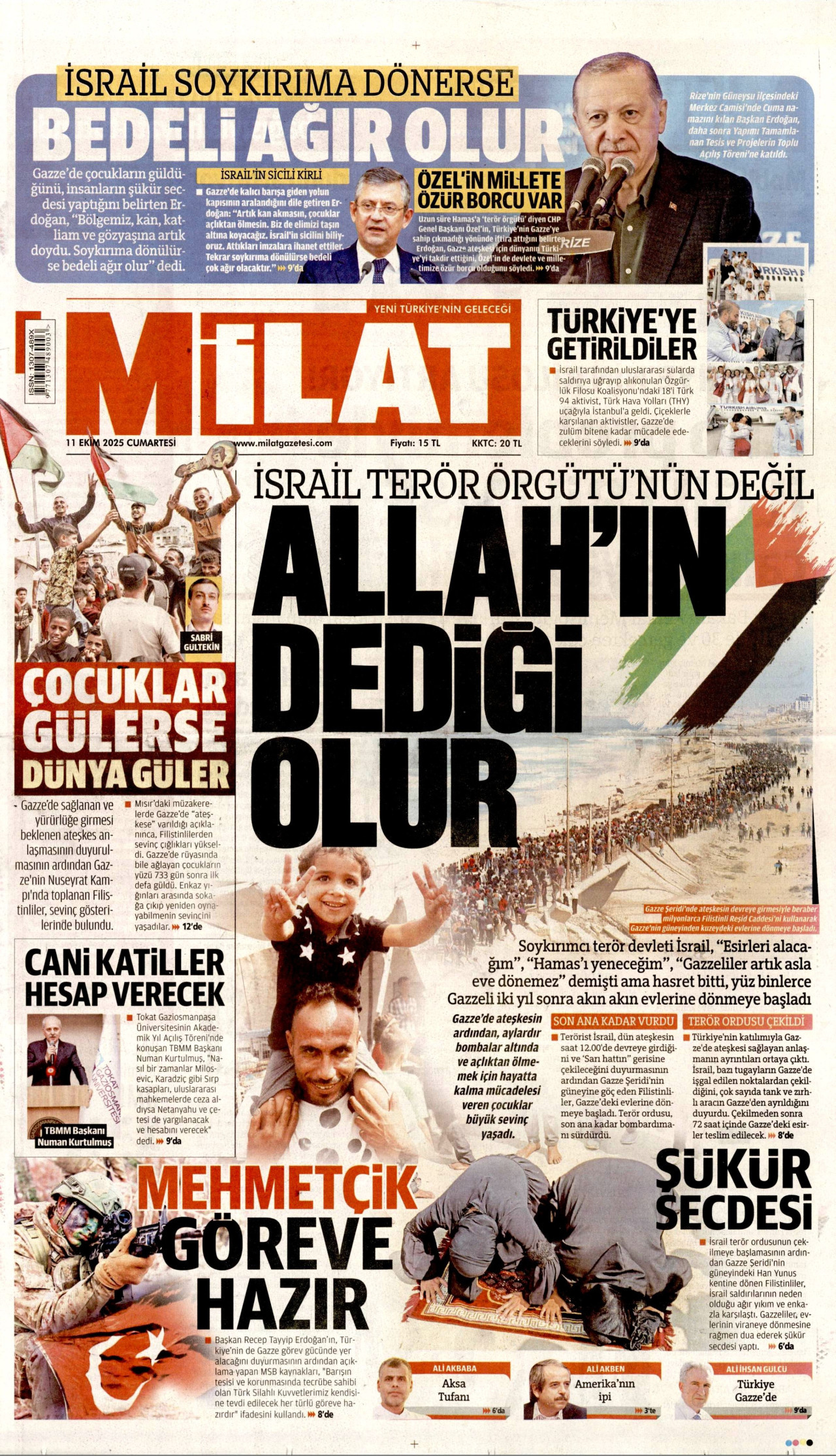 MİLAT gazetesinin 11 Ekim 2025 tarihli birinci sayfası