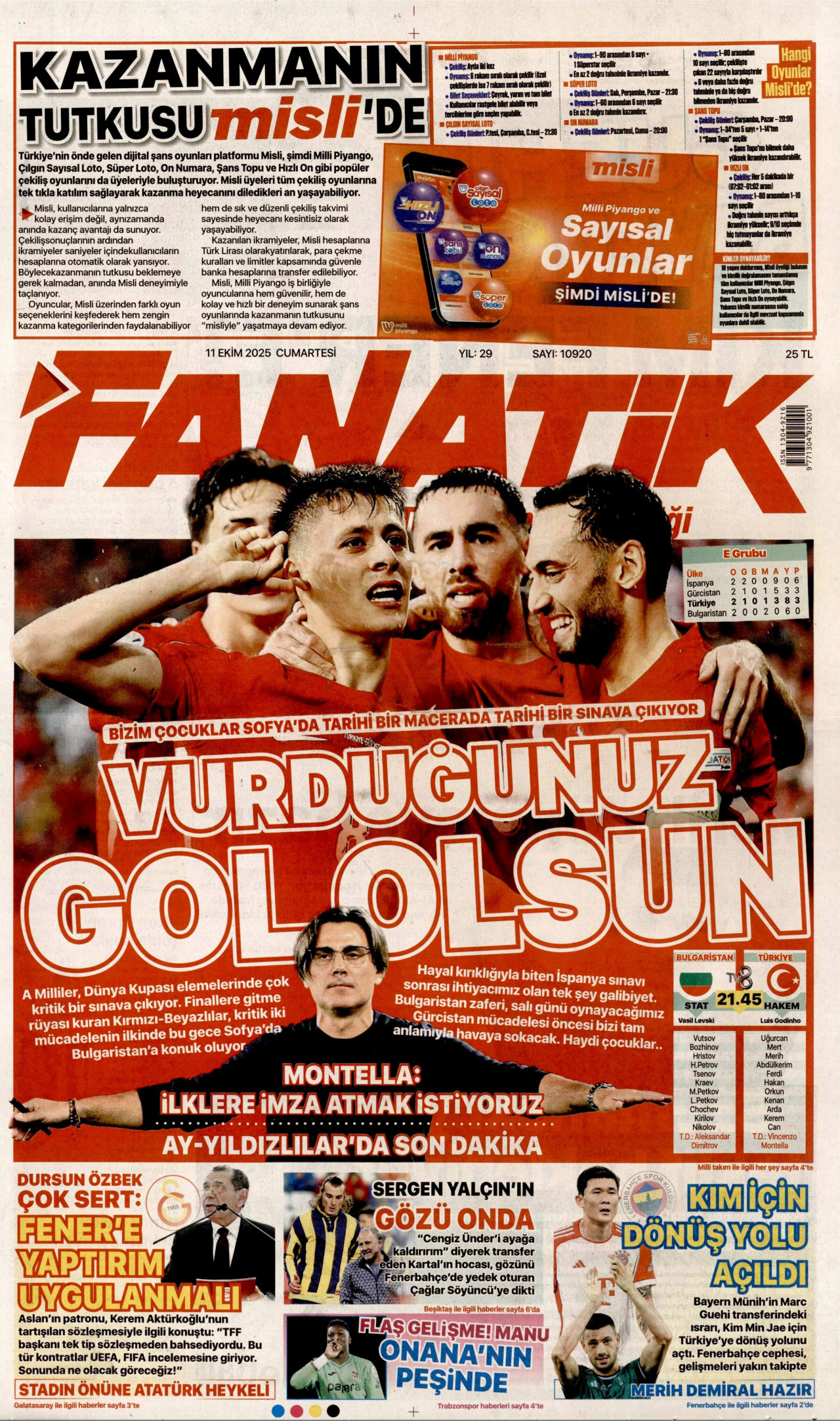 FANATİK gazetesinin 11 Ekim 2025 tarihli birinci sayfası