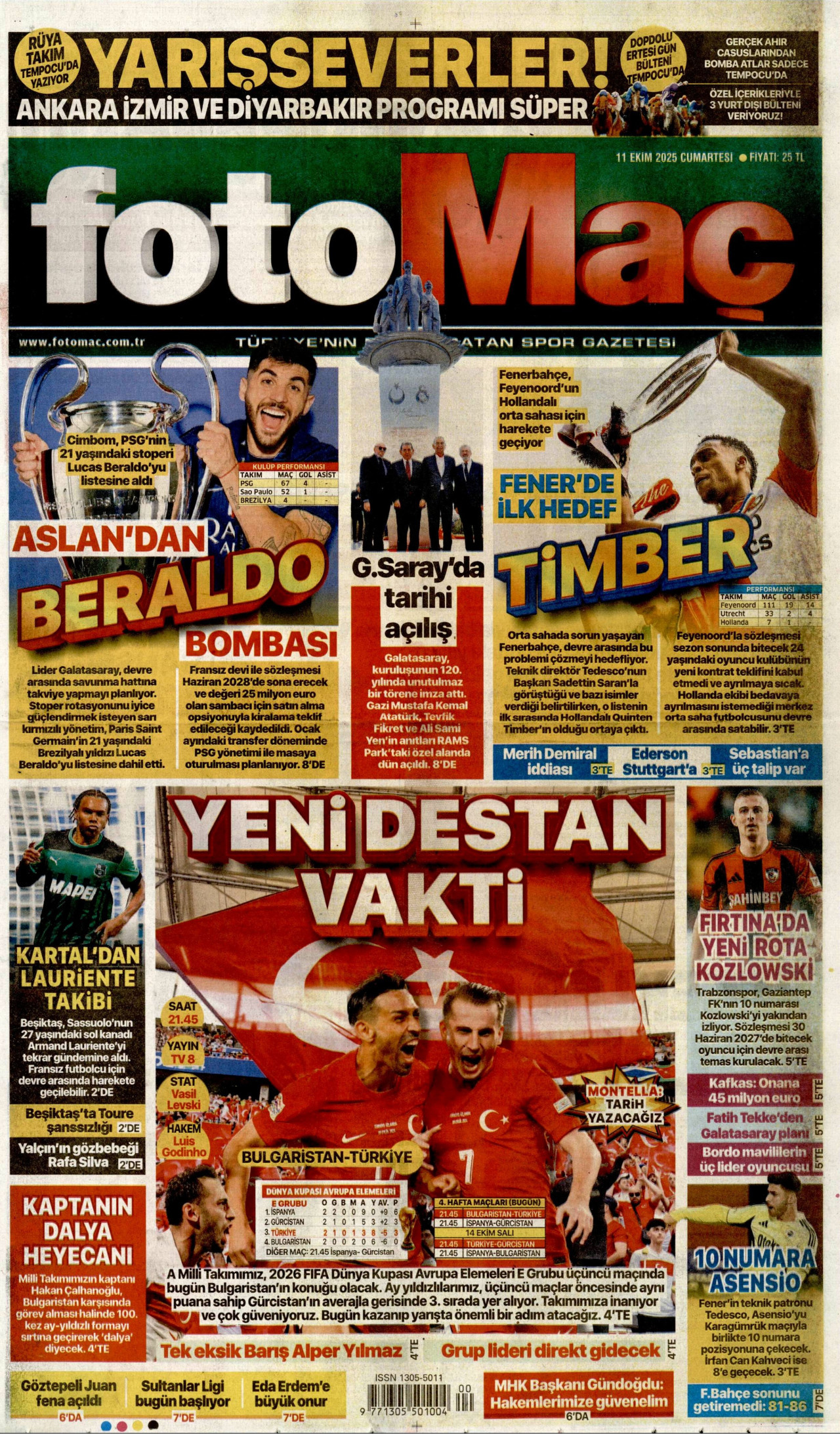 FOTOMAÇ gazetesinin 11 Ekim 2025 tarihli birinci sayfası