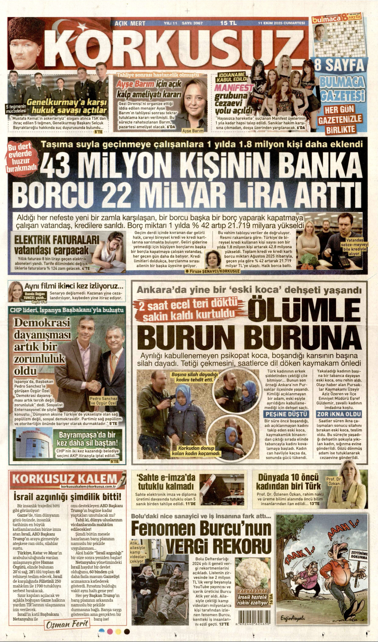 KORKUSUZ gazetesinin 11 Ekim 2025 tarihli birinci sayfası