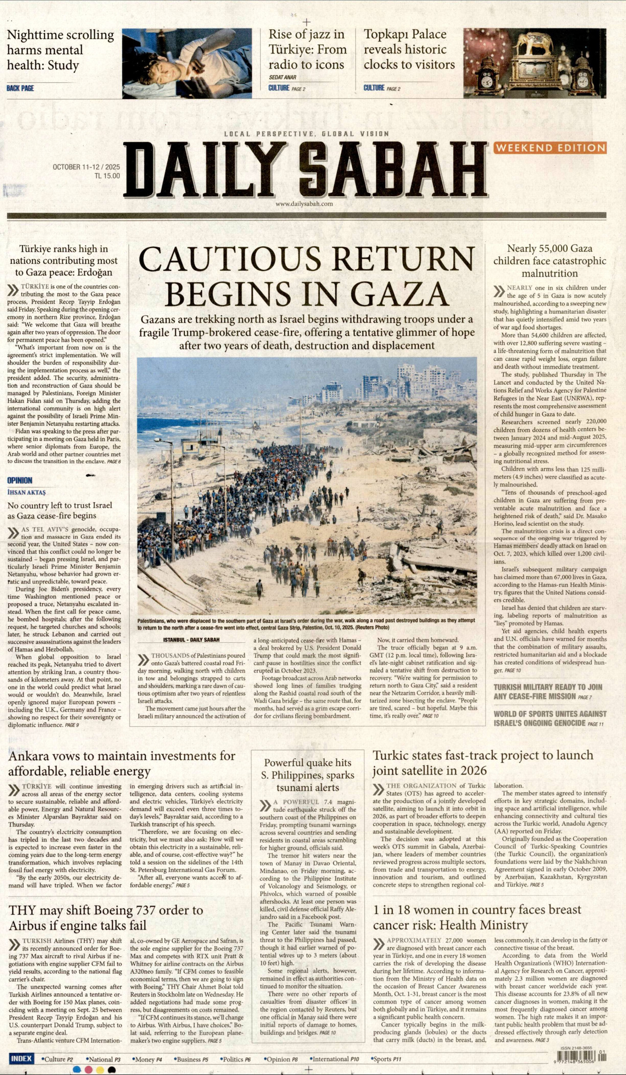 DAİLY SABAH gazetesinin 11 Ekim 2025 tarihli birinci sayfası