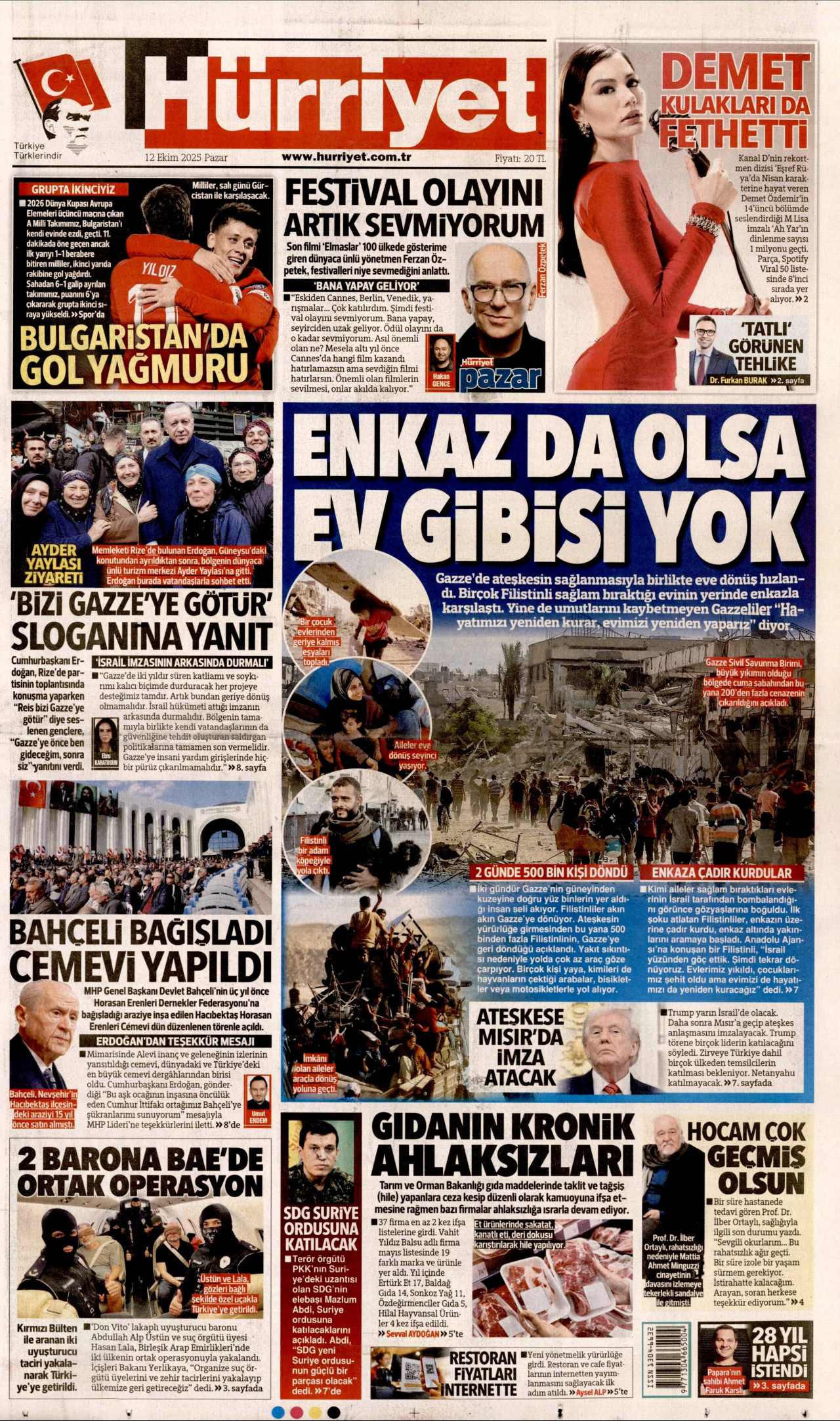 HÜRRİYET gazetesinin 12 Ekim 2025 tarihli birinci sayfası