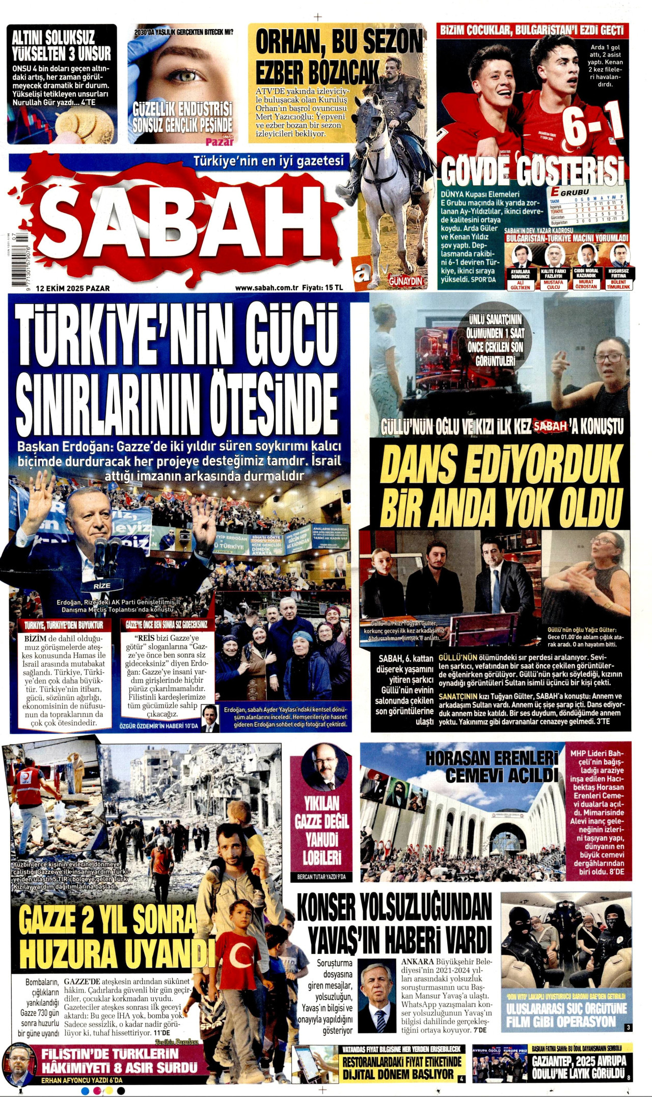 SABAH gazetesinin 12 Ekim 2025 tarihli birinci sayfası