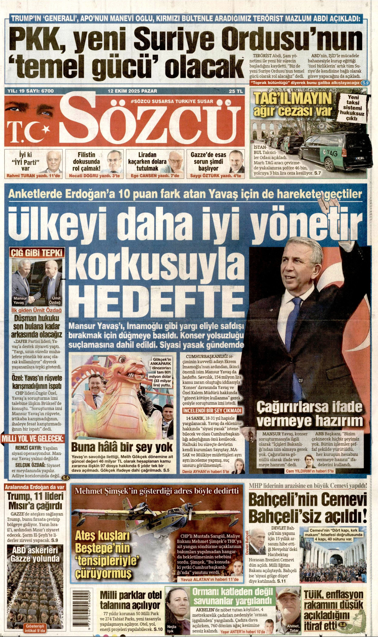 SÖZCÜ gazetesinin 12 Ekim 2025 tarihli birinci sayfası