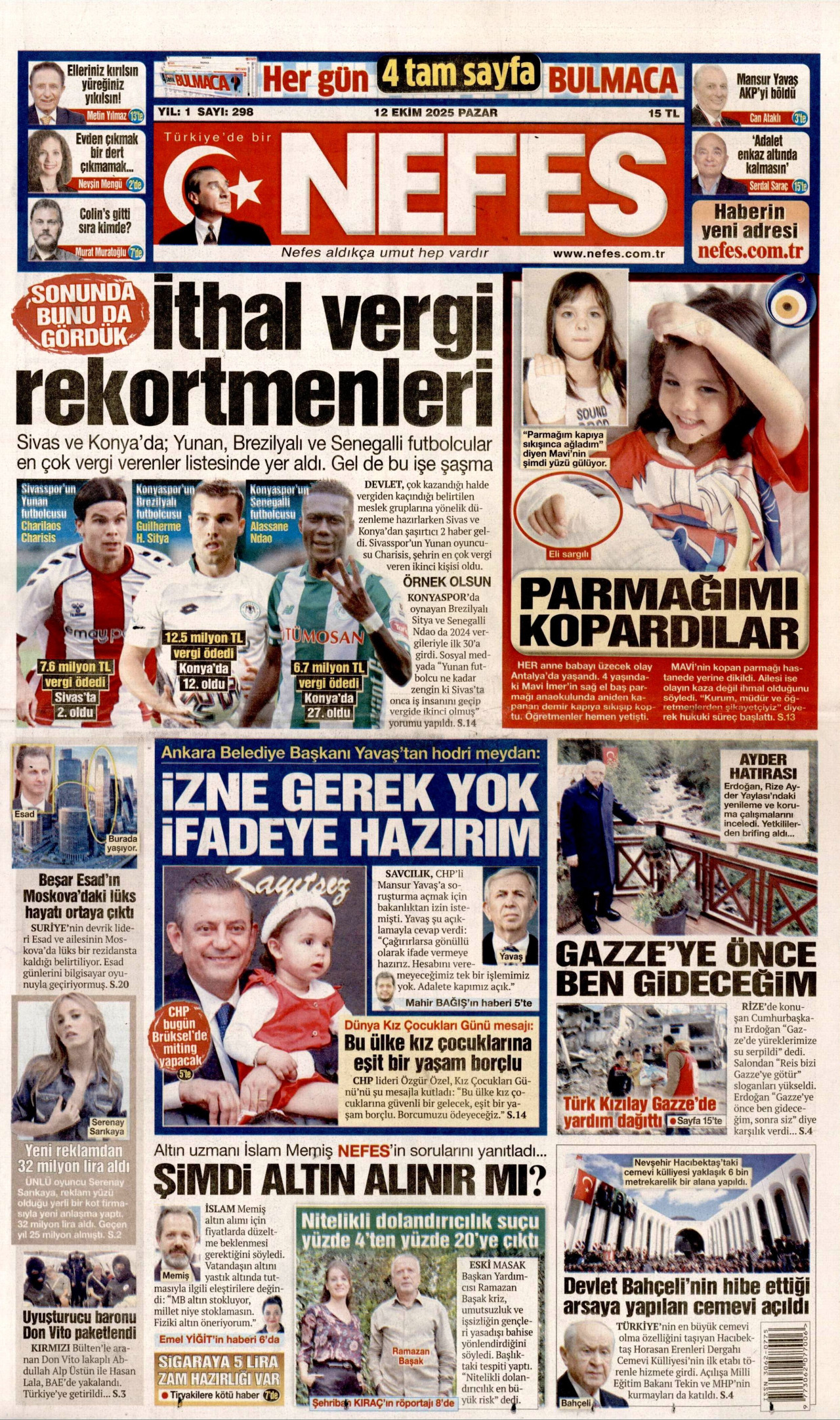NEFES gazetesinin 12 Ekim 2025 tarihli birinci sayfası