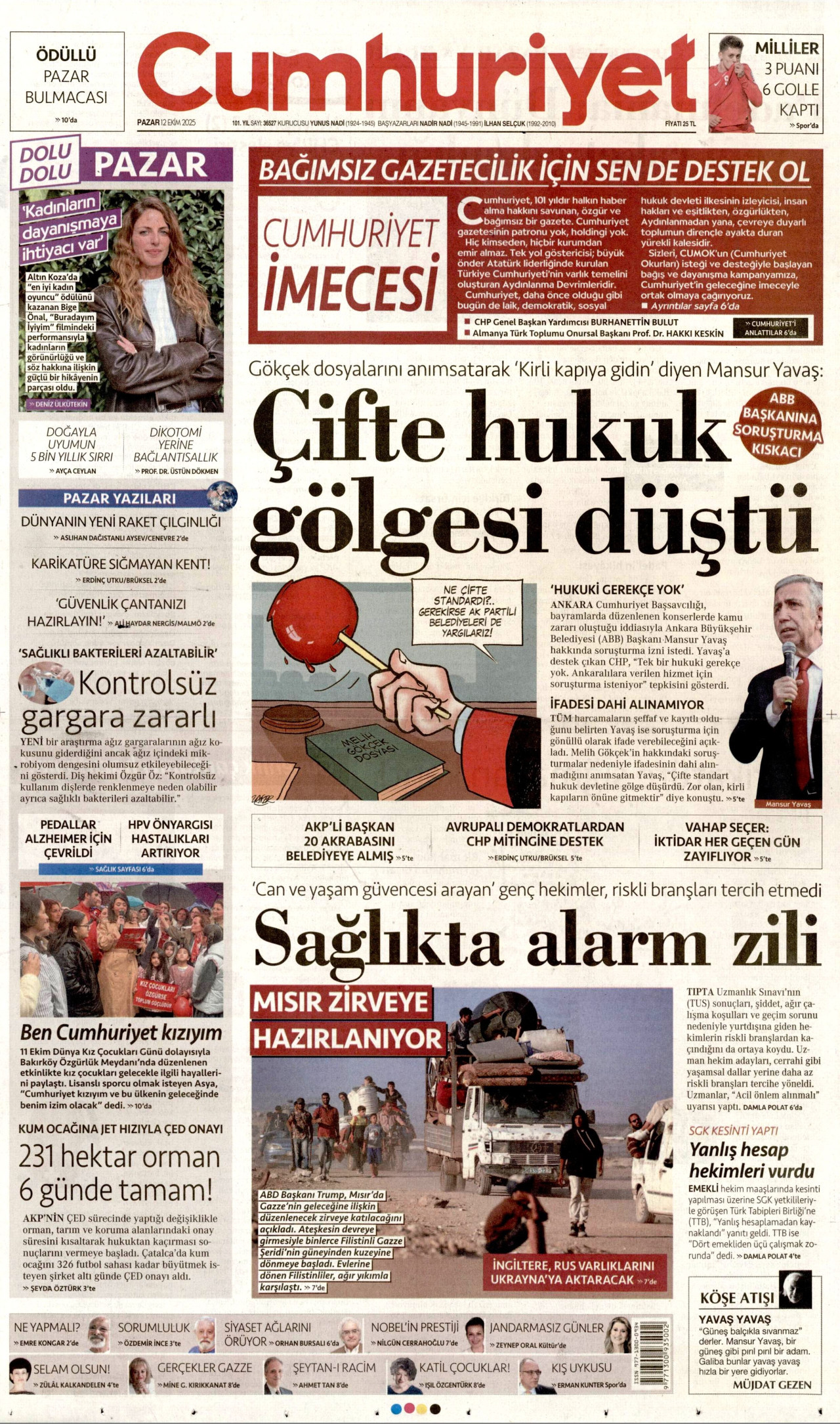 CUMHURİYET gazetesinin 12 Ekim 2025 tarihli birinci sayfası