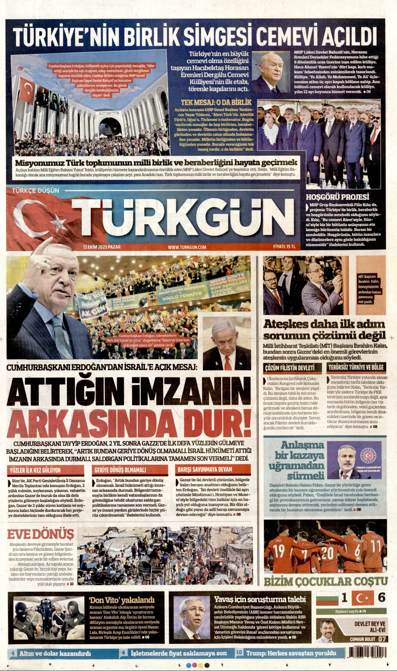 TÜRKGÜN gazetesinin 12 Ekim 2025 tarihli birinci sayfası