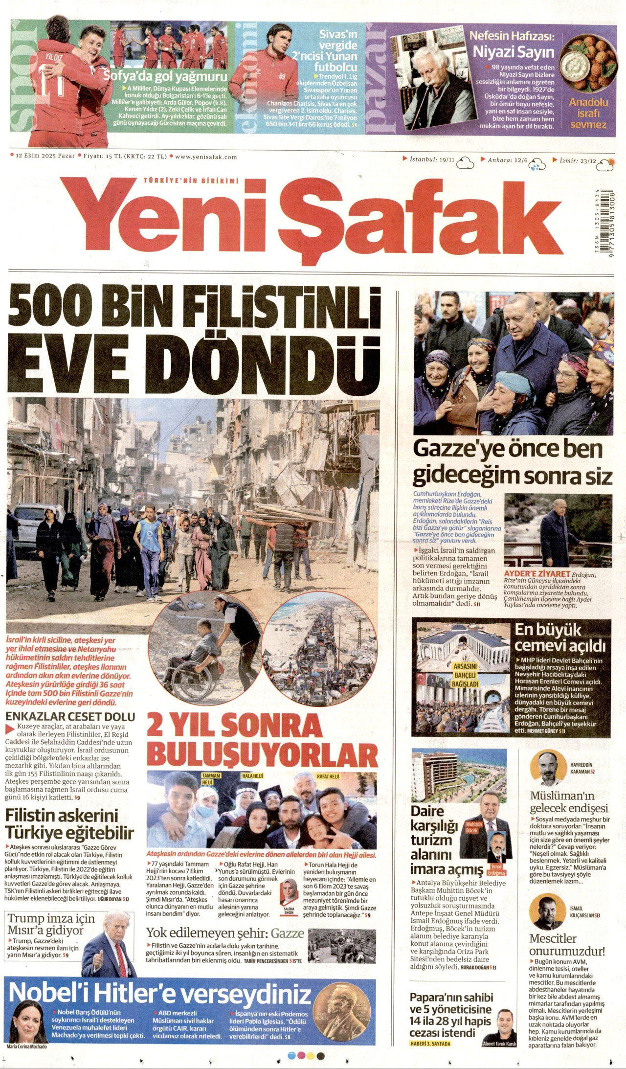 YENİ ŞAFAK gazetesinin 12 Ekim 2025 tarihli birinci sayfası