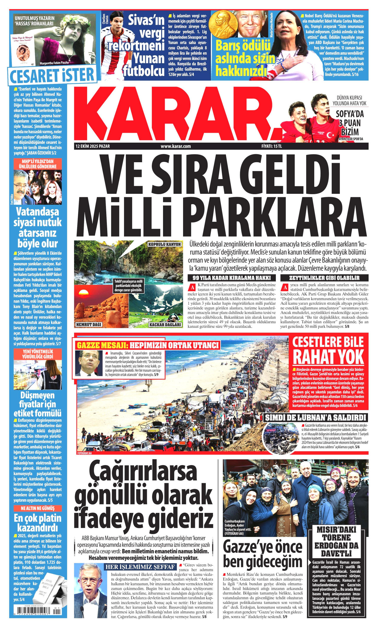 KARAR gazetesinin 12 Ekim 2025 tarihli birinci sayfası