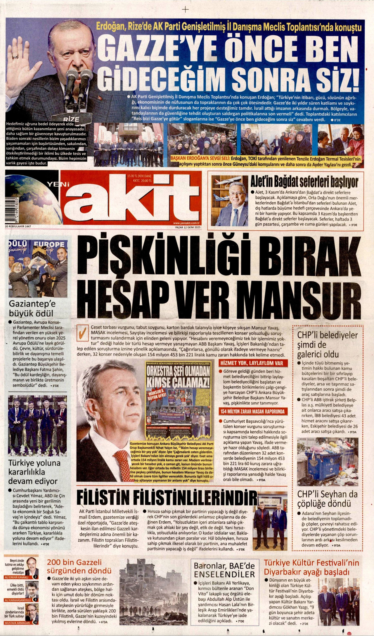 YENİ AKİT gazetesinin 12 Ekim 2025 tarihli birinci sayfası