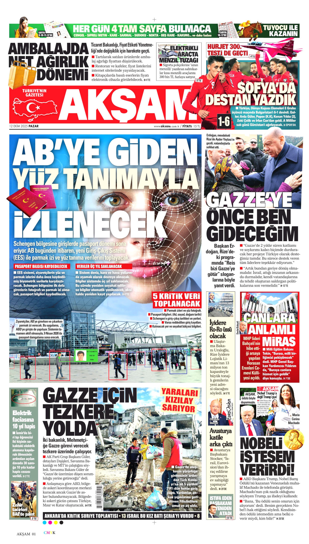 AKŞAM gazetesinin 12 Ekim 2025 tarihli birinci sayfası