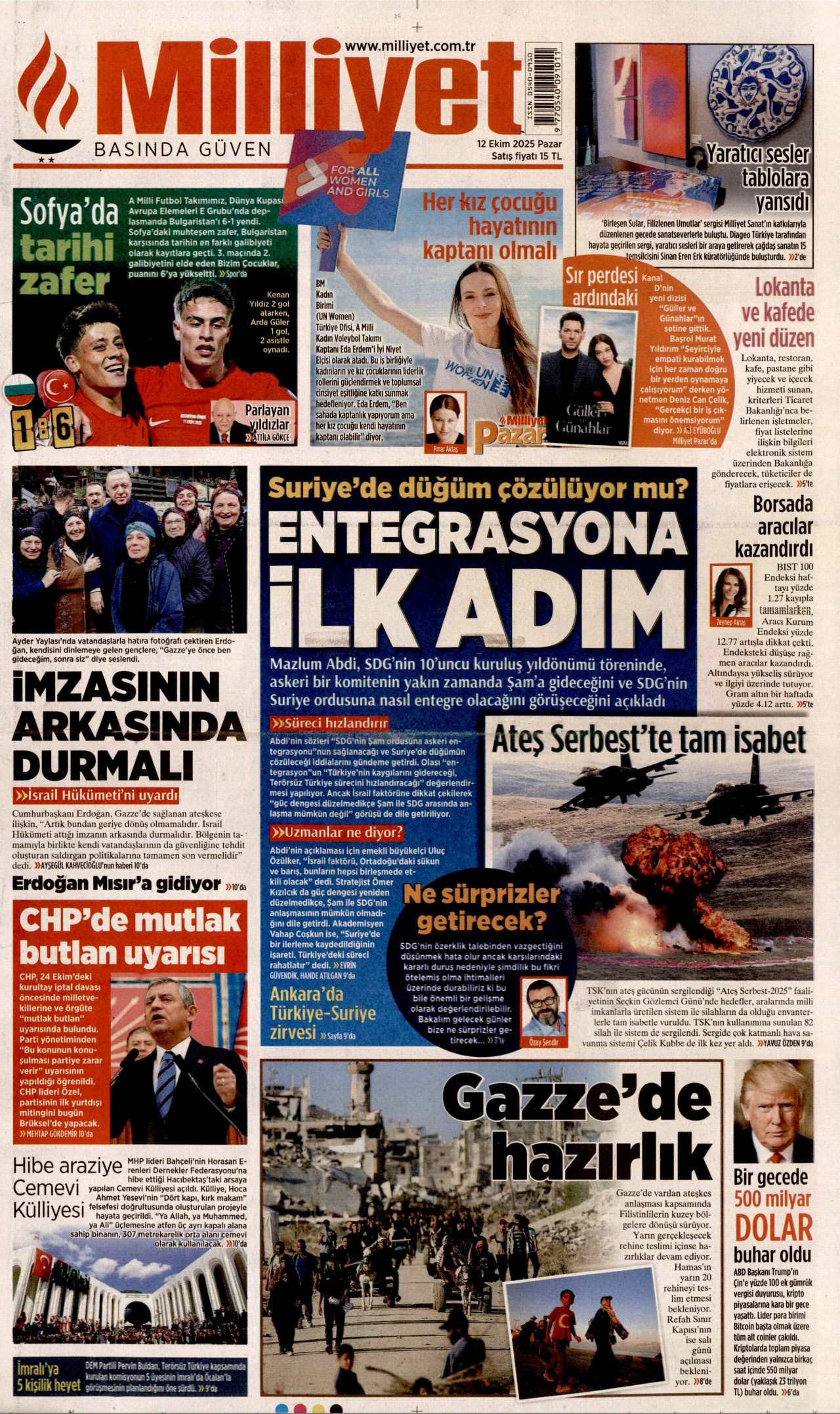 MİLLİYET gazetesinin 12 Ekim 2025 tarihli birinci sayfası