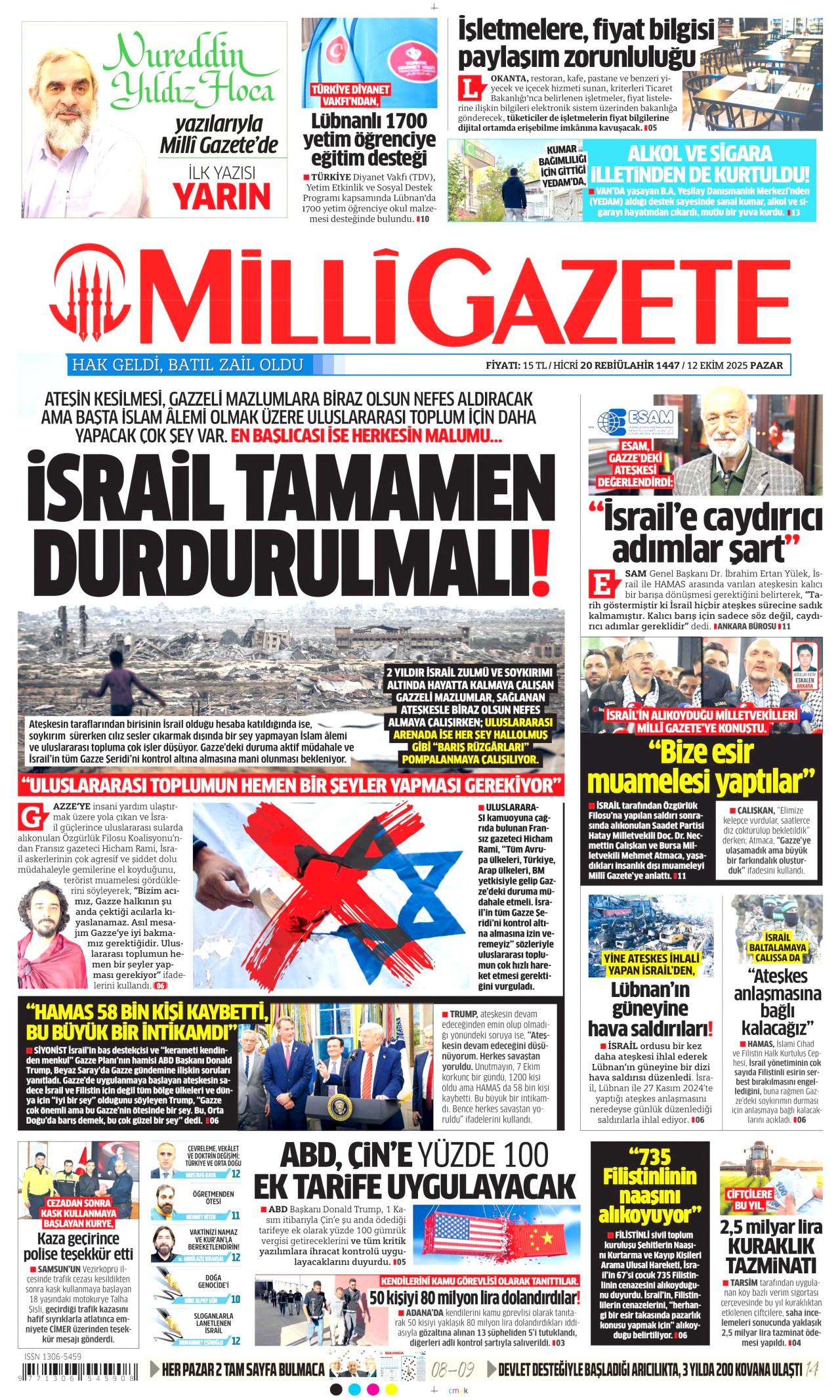 MİLLİ GAZETE gazetesinin 12 Ekim 2025 tarihli birinci sayfası