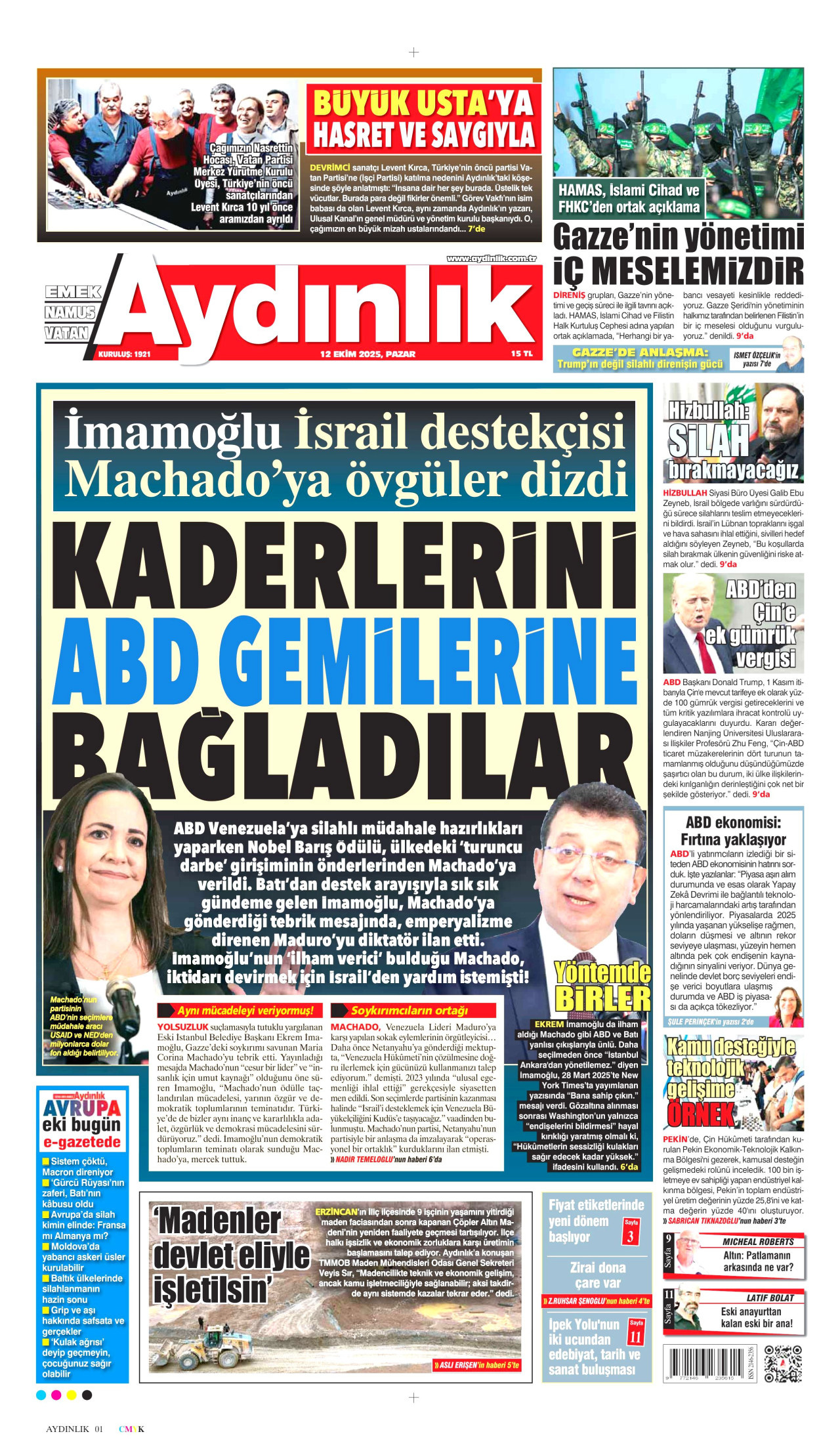 AYDINLIK GAZETESİ gazetesinin 12 Ekim 2025 tarihli birinci sayfası