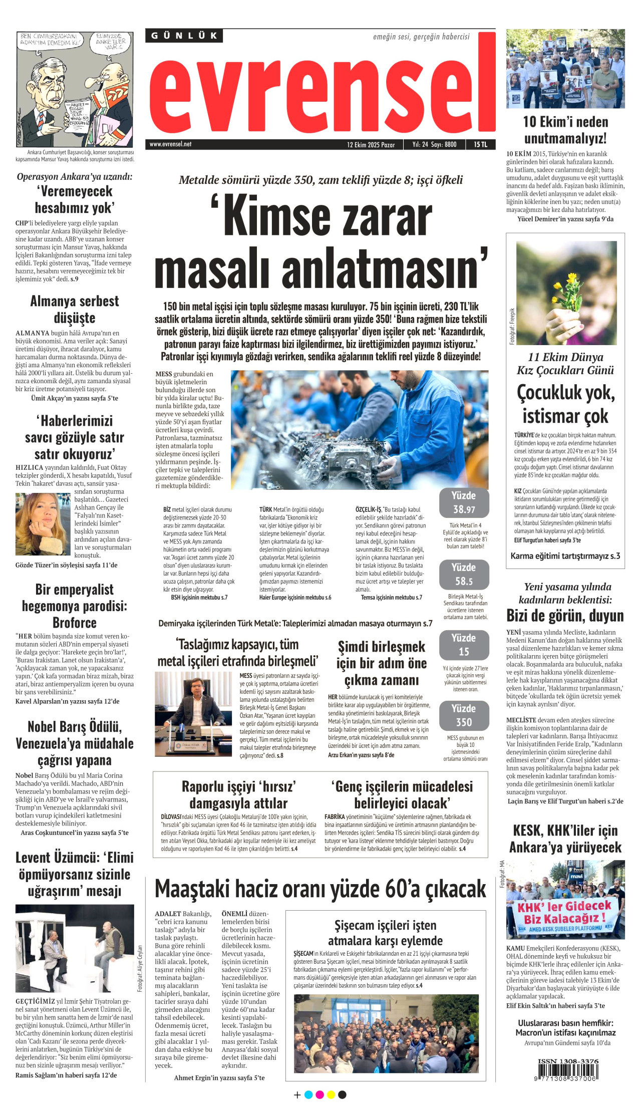 EVRENSEL gazetesinin 12 Ekim 2025 tarihli birinci sayfası
