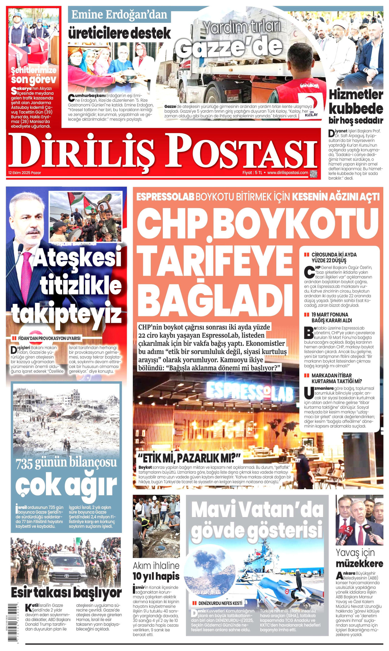 DİRİLİŞ POSTASI gazetesinin 12 Ekim 2025 tarihli birinci sayfası