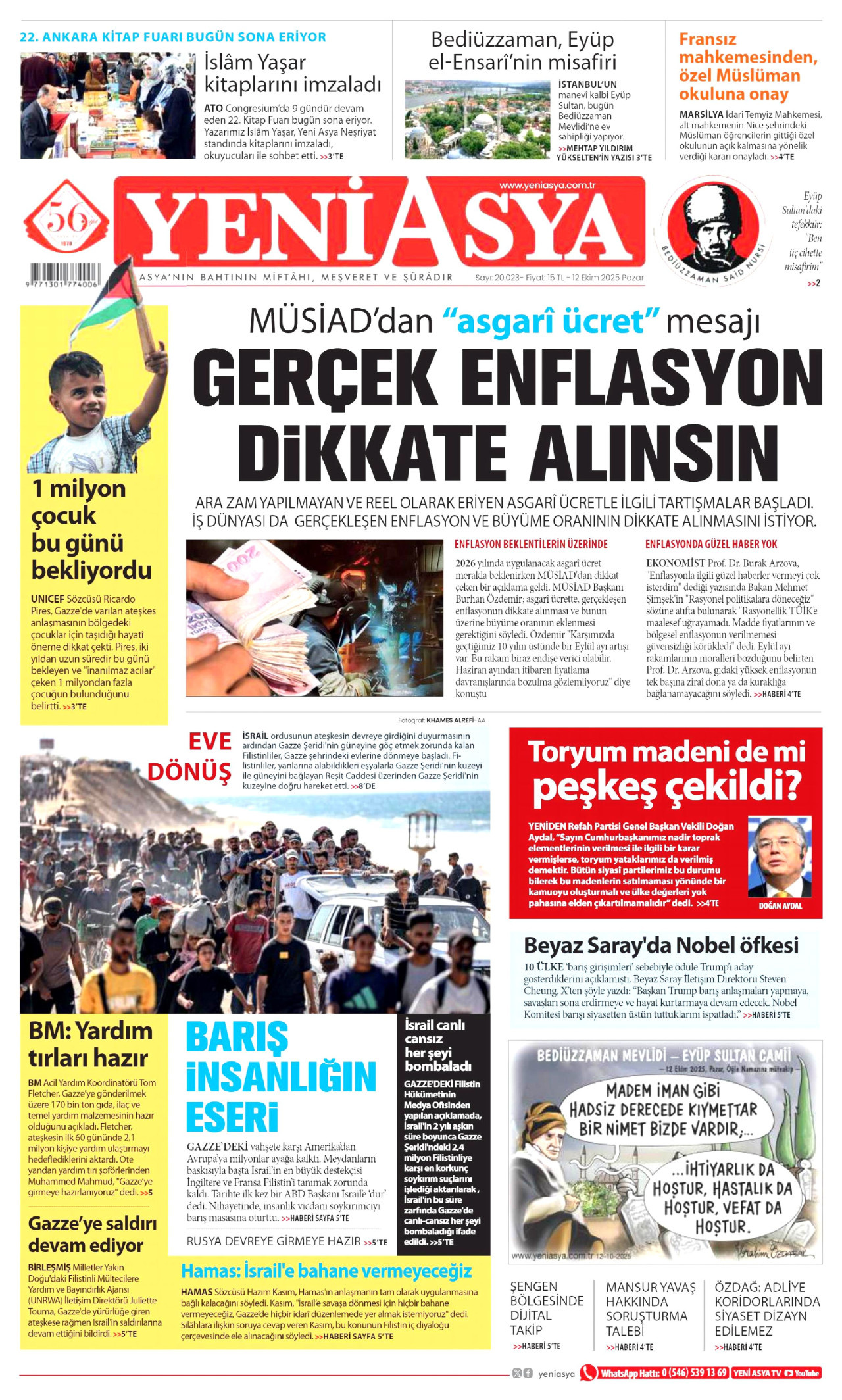 YENİ ASYA gazetesinin 12 Ekim 2025 tarihli birinci sayfası