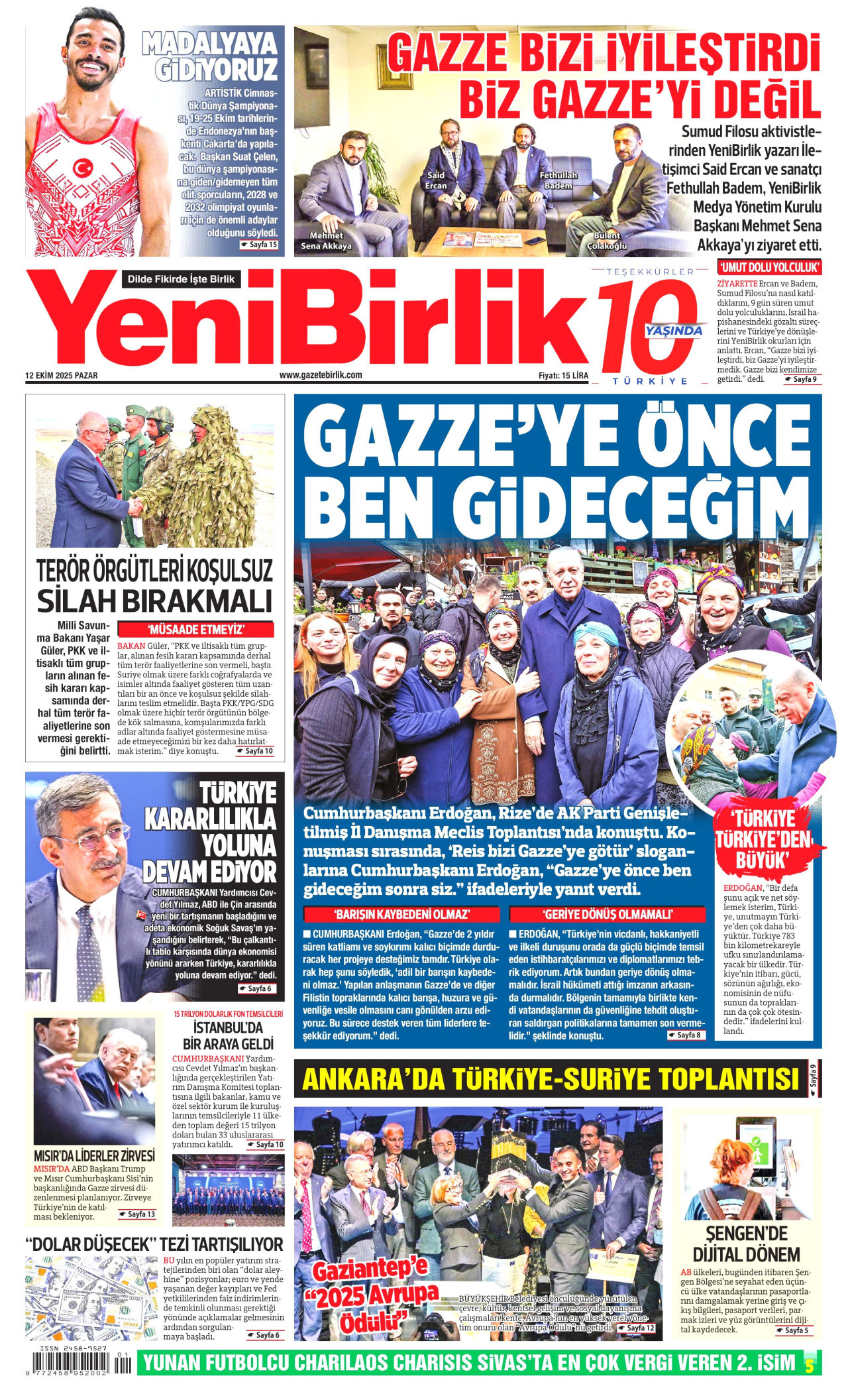YENİBİRLİK gazetesinin 12 Ekim 2025 tarihli birinci sayfası