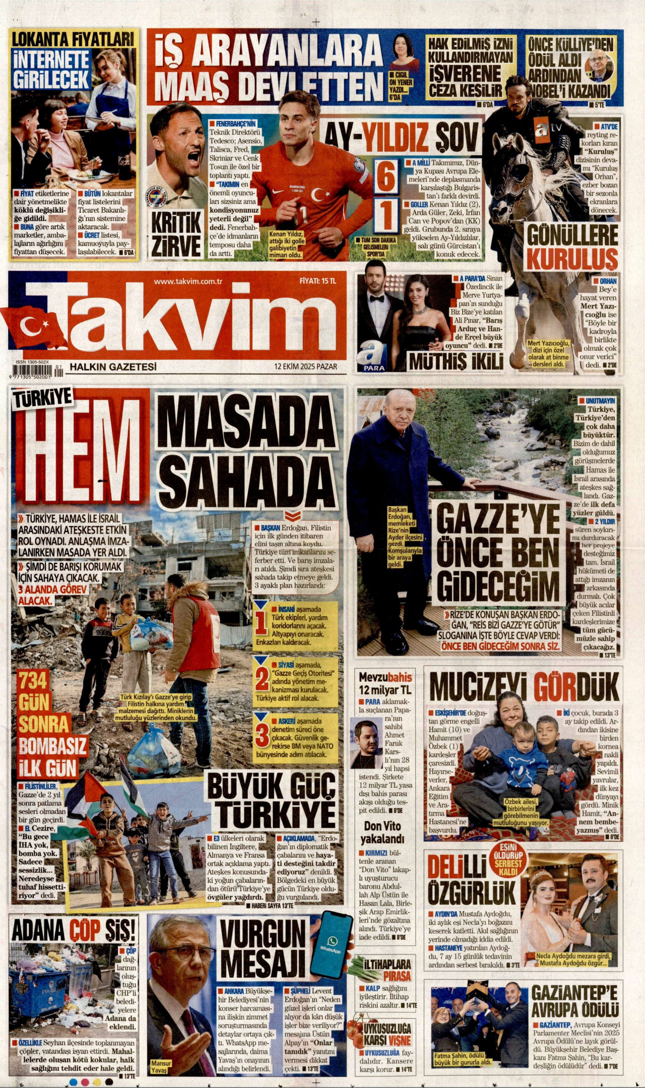TAKVİM gazetesinin 12 Ekim 2025 tarihli birinci sayfası