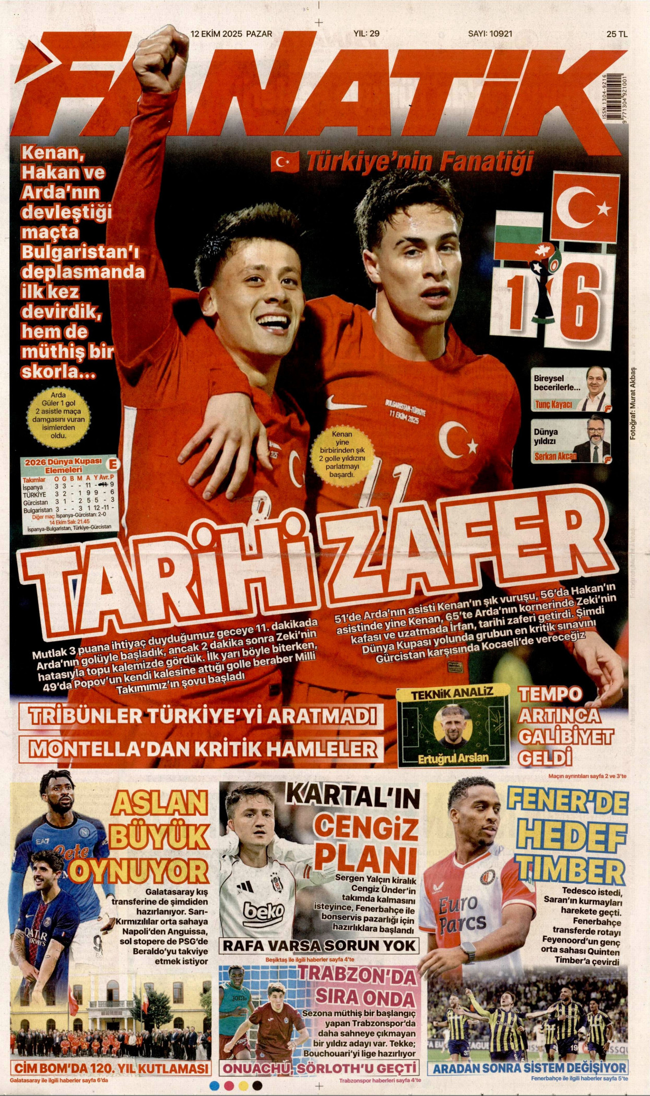 FANATİK gazetesinin 12 Ekim 2025 tarihli birinci sayfası