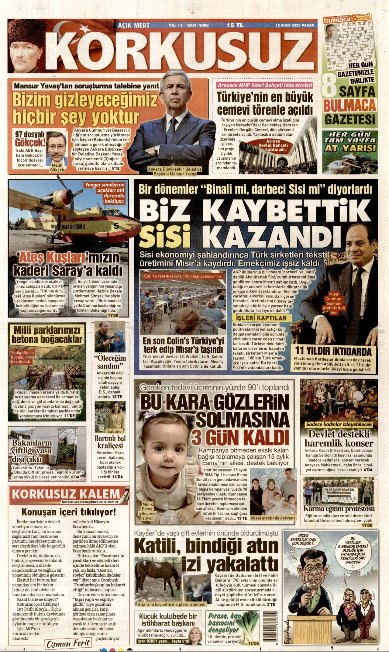 KORKUSUZ gazetesinin 12 Ekim 2025 tarihli birinci sayfası