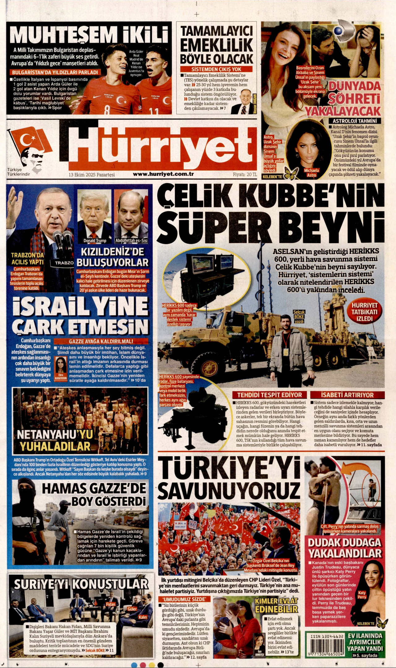 HÜRRİYET gazetesinin 13 Ekim 2025 tarihli birinci sayfası