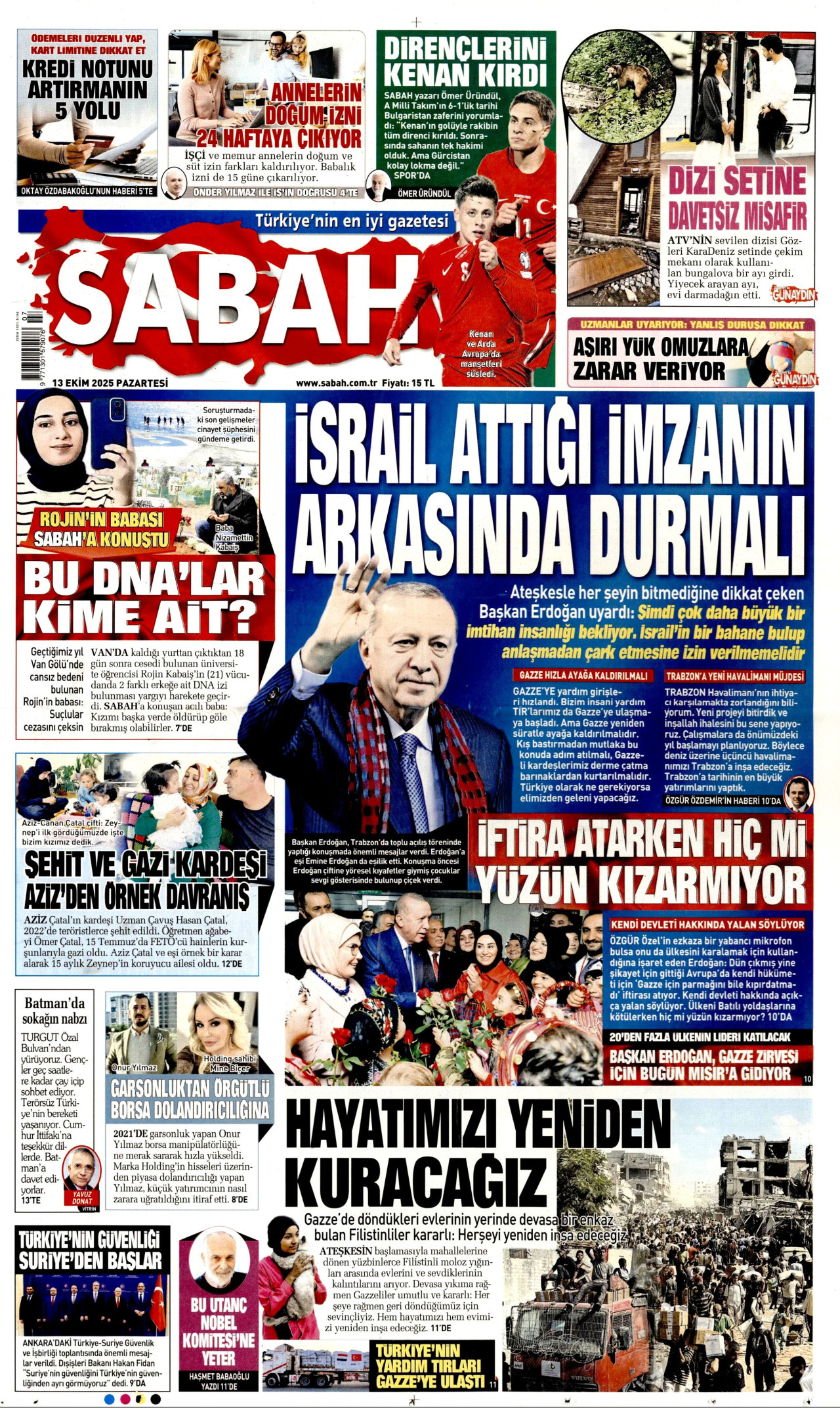 SABAH gazetesinin 13 Ekim 2025 tarihli birinci sayfası