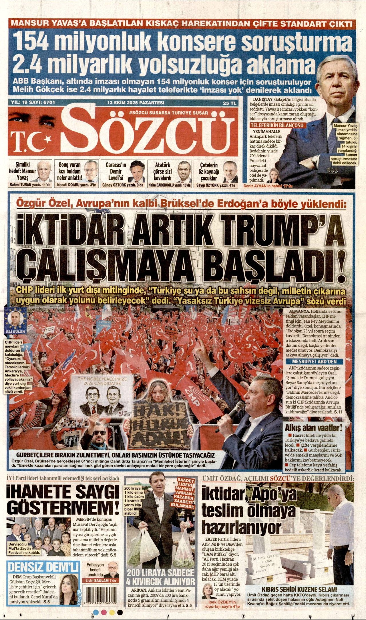 SÖZCÜ gazetesinin 13 Ekim 2025 tarihli birinci sayfası