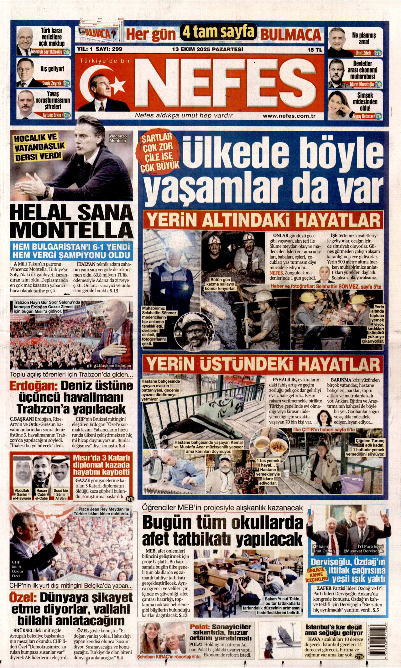 NEFES gazetesinin 13 Ekim 2025 tarihli birinci sayfası