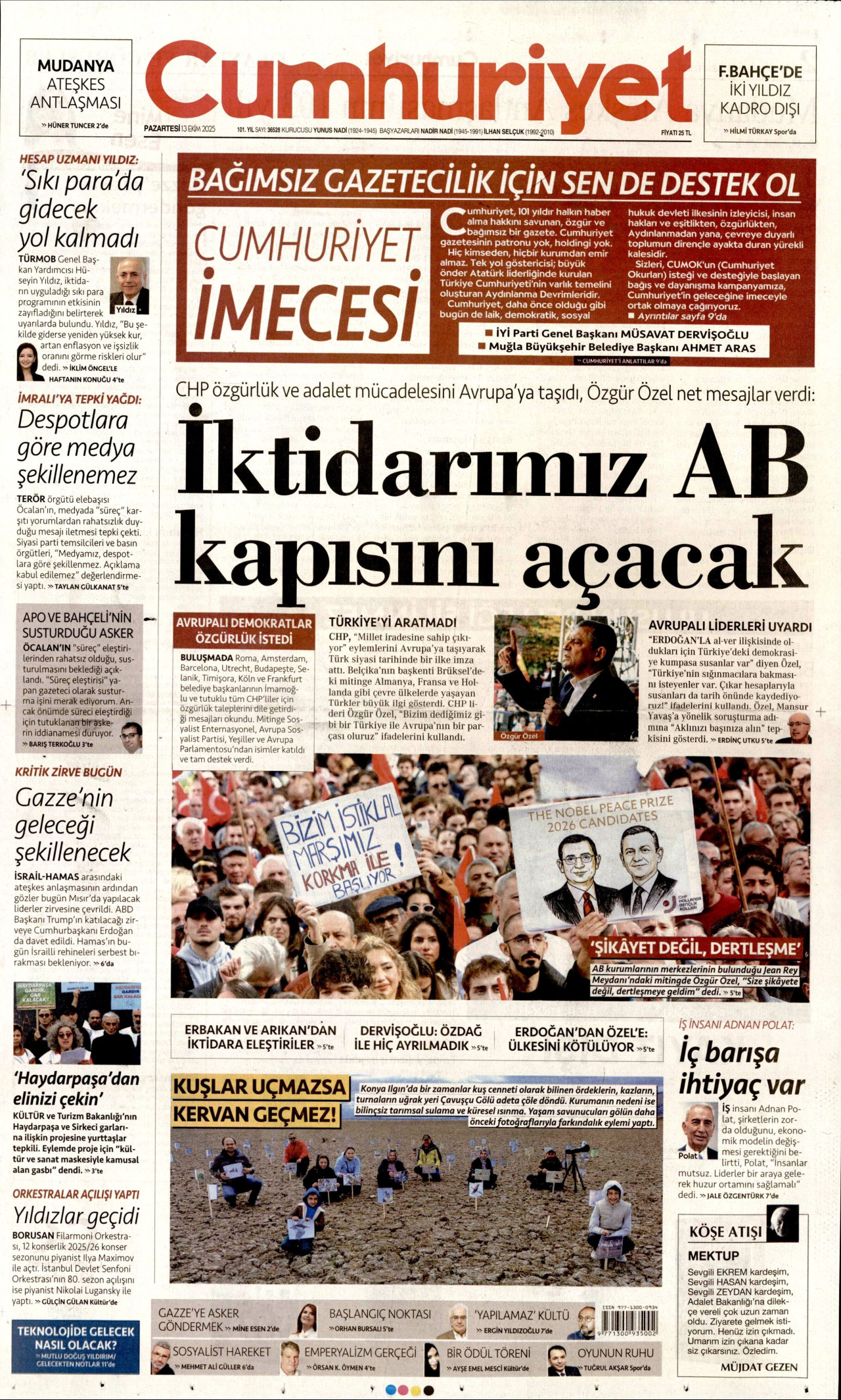CUMHURİYET gazetesinin 13 Ekim 2025 tarihli birinci sayfası