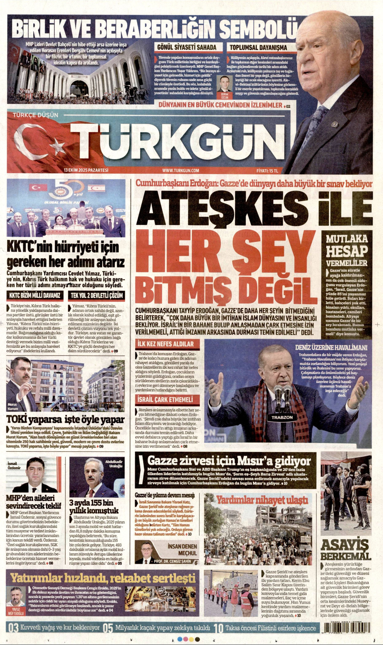 TÜRKGÜN gazetesinin 13 Ekim 2025 tarihli birinci sayfası
