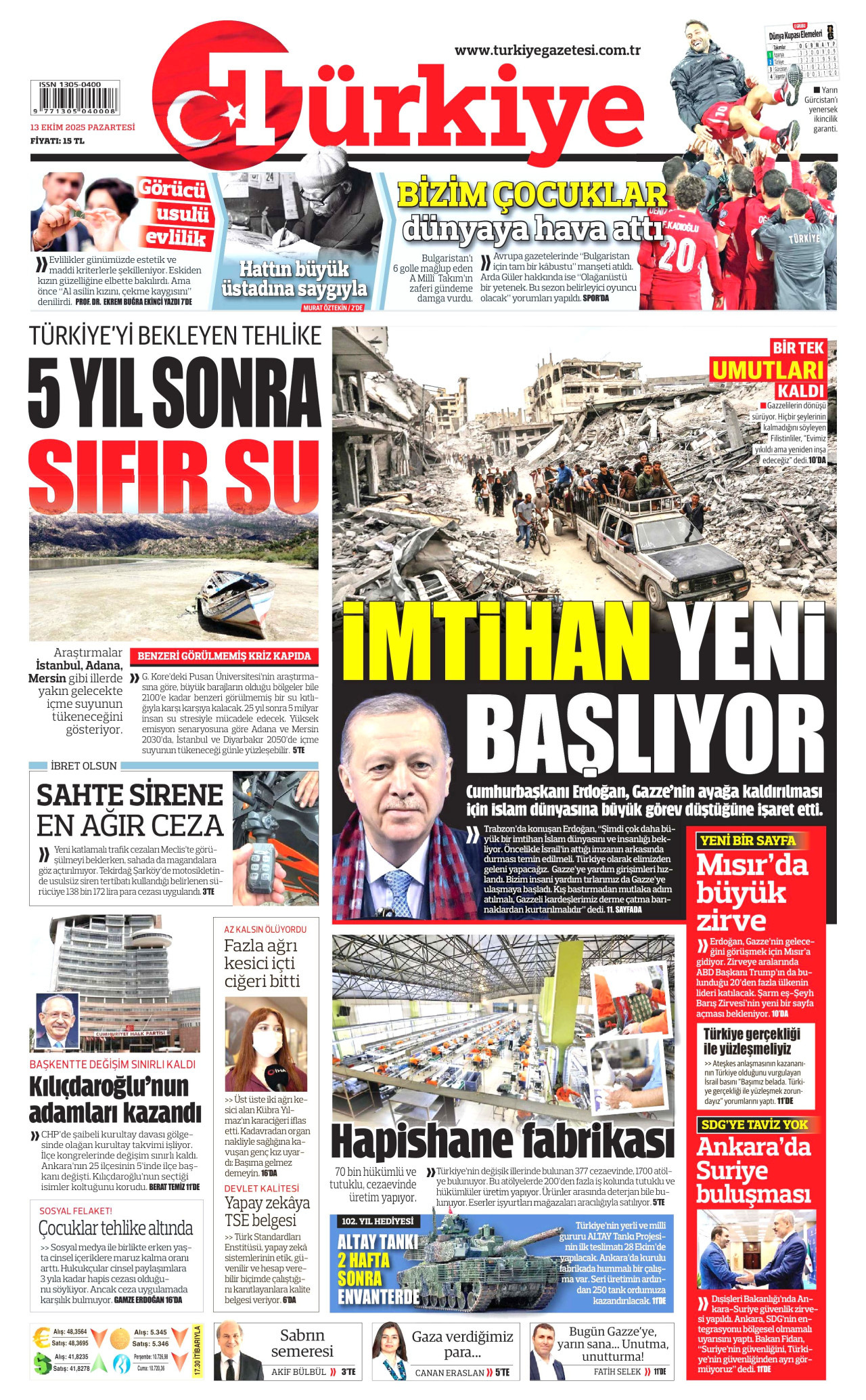 TÜRKİYE GAZETESİ gazetesinin 13 Ekim 2025 tarihli birinci sayfası
