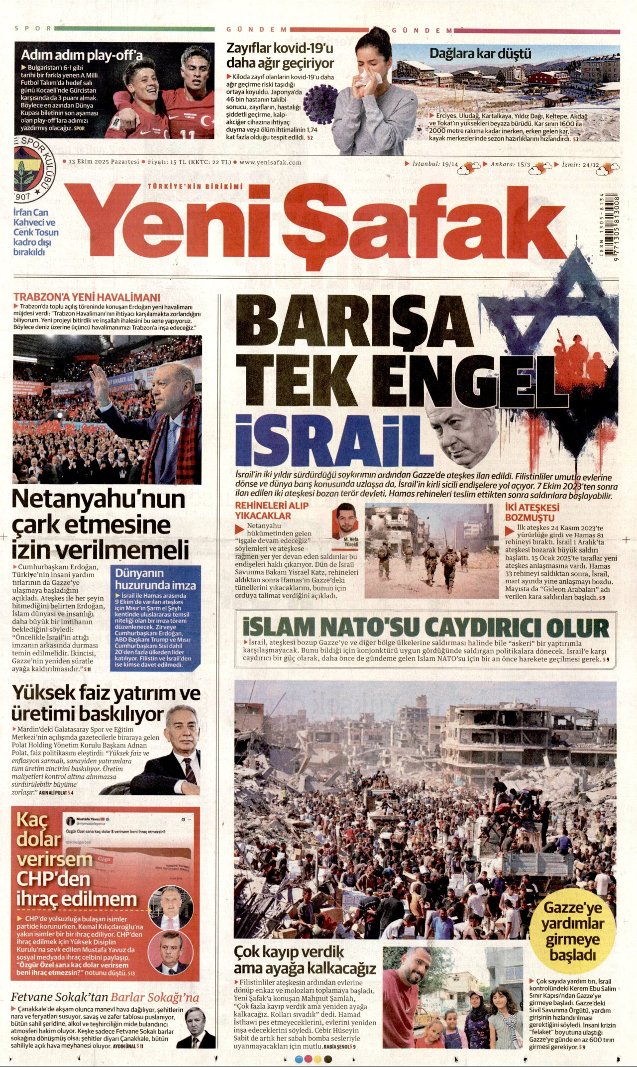 YENİ ŞAFAK gazetesinin 13 Ekim 2025 tarihli birinci sayfası